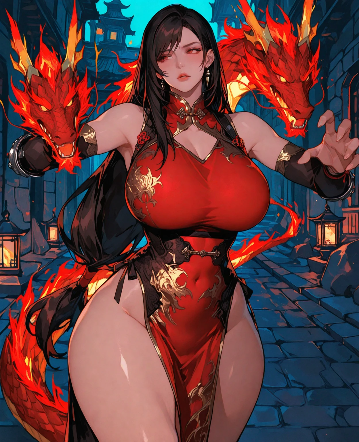 4k, high quality, nice lighting, soft lighting, realistic, nicenature, sexy, big breasts, thick thighs, wide hips, girl with red chinese outfit with gold edges dragon pattern, leg slit, muscular, toned, long flowing chinese dress, ornate, jewelry, hair bun, hair accessory