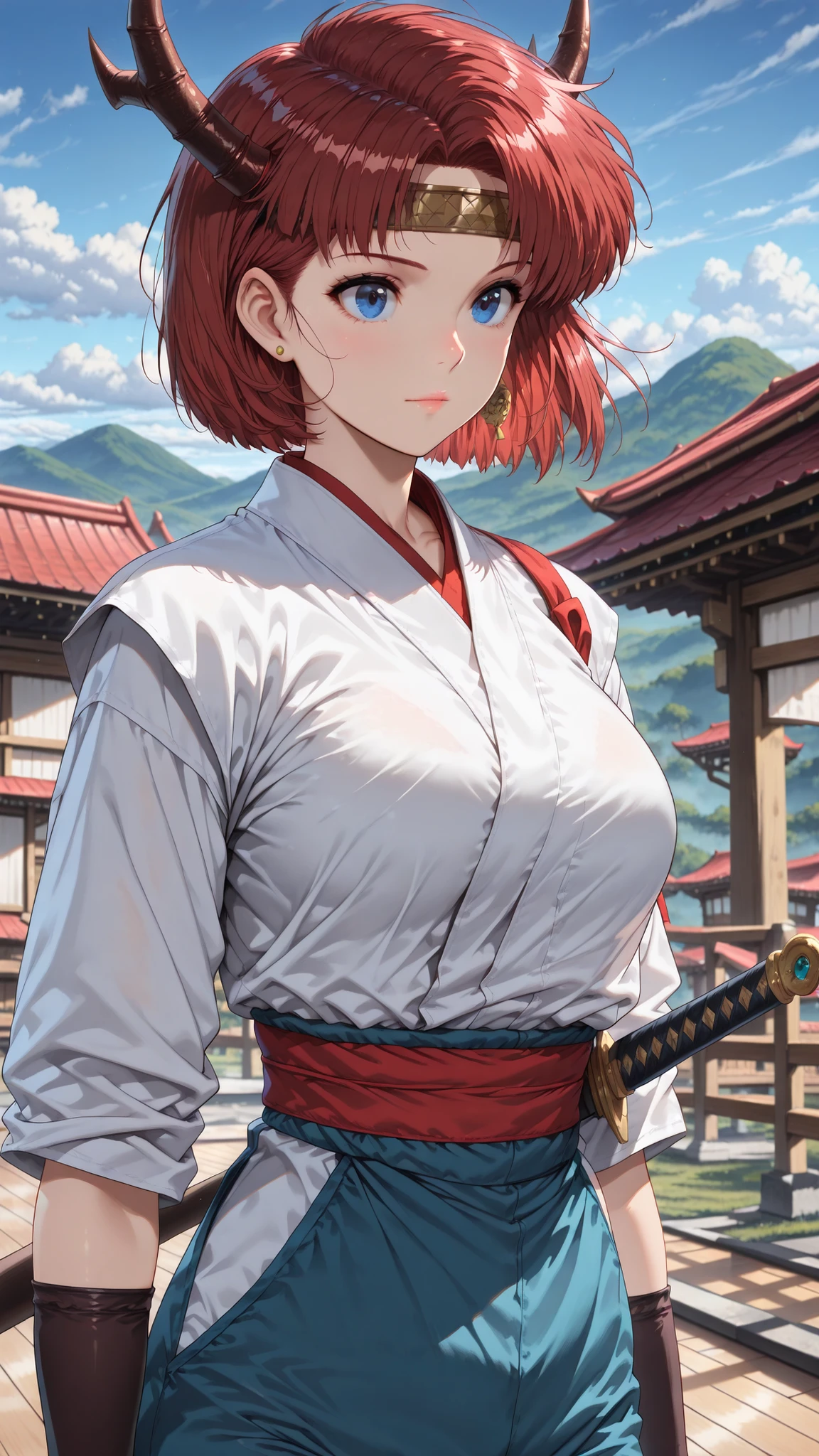 cinematic, (masterpiece), (best quality), (ultra-detailed), very aesthetic, illustration, realistic illustration, perfect composition, intricate details, absurdres, (anime, masterpiece, intricate:1.3), (best quality, hires textures, high detail:1.2), (4k),(incredibly detailed:1.4), gs_mikami_shoryuki,red hair, short hair, horns, bangs, blue eyes, headband, single earring,1989’s anime style,in a dynamic motion