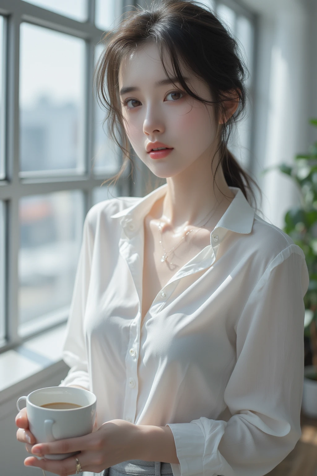 (((best quality))),(((ultra detailed))),(((masterpiece))),illustration,1girl, young,solo, slim,thin,short ponytail,small breasts,flat chest,white collared shirt,cleavage,shorts,standing,arms behind back,rainy night, heavy rain, drenched clothes, melancholy expression, solitude, tear rolling down cheek, wet hair, empty streets, dimly lit, deserted environment, sound of rain, footsteps, symbol of hope, abandoned, resilience, determination, walking in rain, heartbreak, loss, love fading, loneliness, body language, facial expression, dreary atmosphere, rain-soaked streets, somber mood, viewer engagement,((upper body,from front)),urban scape,night scene