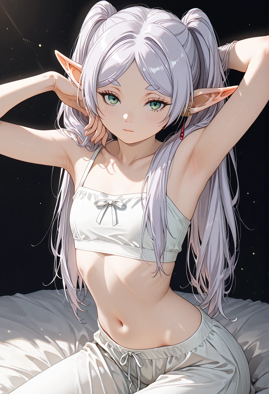 Highest quality 8K resolution,masterpiece, Very detailed, Exquisite detail, In detail, Realistic, Vibrant colors, Soft tones, Warm and gentle lighting,(Beautiful and aesthetic:1.3),Exact finger count,Perfect hands,Perfect legs,Perfect Anatomy, Warm and gentle lighting, Alone, (18 year old girl:1.5), Attractive elven girl, (Long pointy ears:1.2), (Smooth and very long hair:1.3), Shiny emerald green hair,Asymmetrical bangs, (Thin and detailed braids:1.4),Braided on hair,Calm hairstyle,Side Lock,Shiny skin,(Small eyes:1.5), Green Eyes,Very beautiful detailed eyes,White skin, ((Small breasts)),No bra, (No sleeve:1.2) ,(Sheer white tank top:1.2), necklace,Some earrings,accessories,Cowboy Shot, Are standing, indoor,Delicate and beautiful features,Detailed clothing,Committed to ultra-high definition depiction,(Embarrassed look:1.2),Posing for a photo,Her face is like a delicate flower,A gentle face that exudes warmth and kindness, Her eyelashes are long and thick,Medium height,(Slightly obese body type:1.2),(Short torso:1.4),(Simple underwear:1.2)