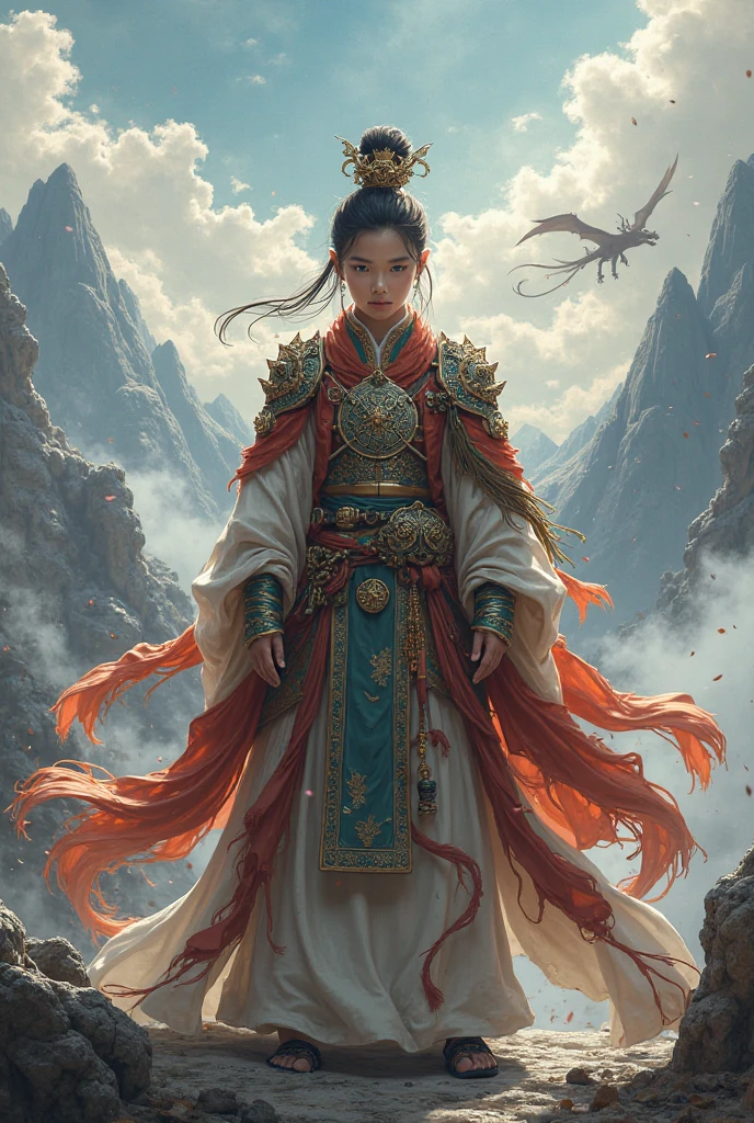 Chinese style, phoenix fairy, gods, gorgeous clothes, beautiful feather patterns, red hanfu, phoenix crown Xia drapery, standing on the top of the mountain, 32k --niji 5