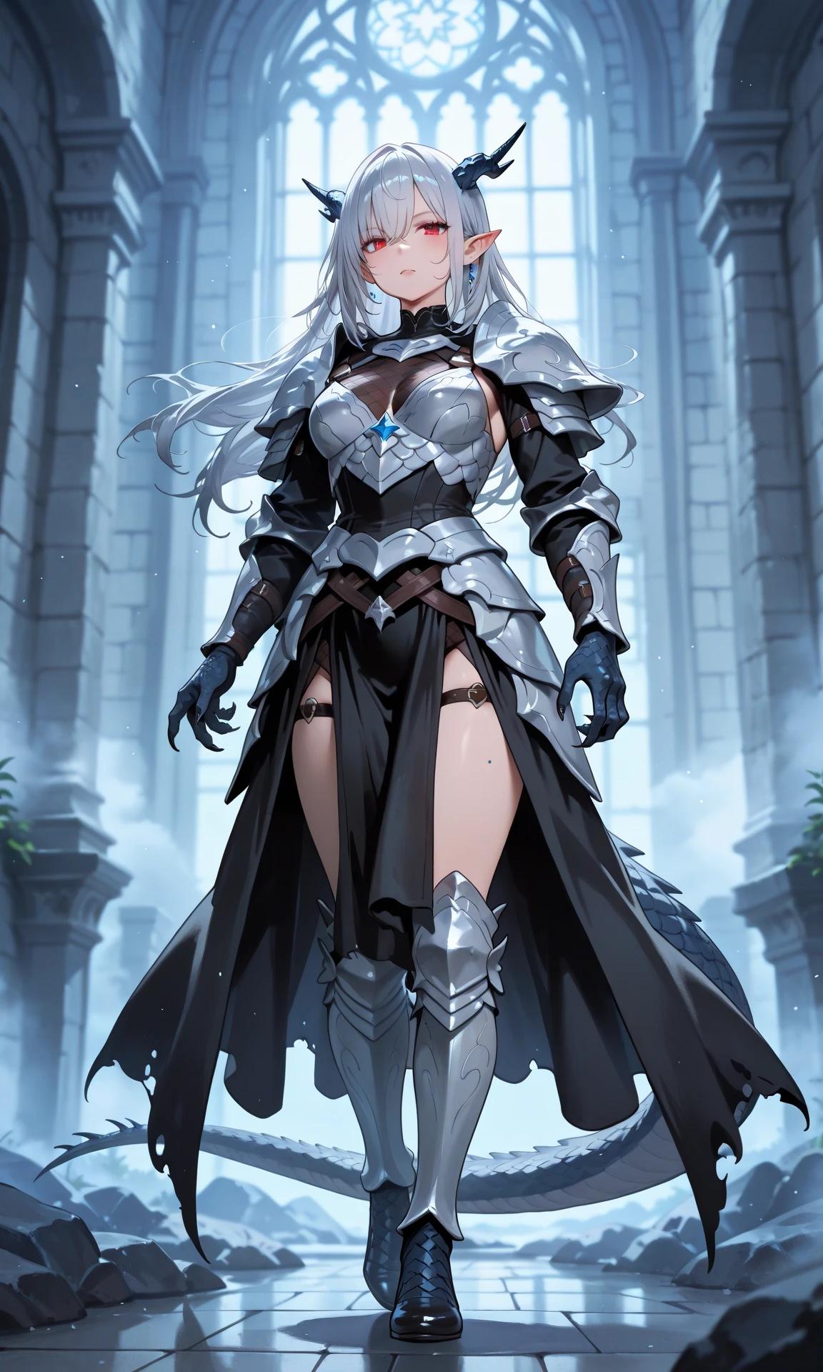 Girl with long silver hair, golden eyes, silver forehead protector, black armor, chest, cleavage, iron armor skirt, iron boots, sword, night sky, moon