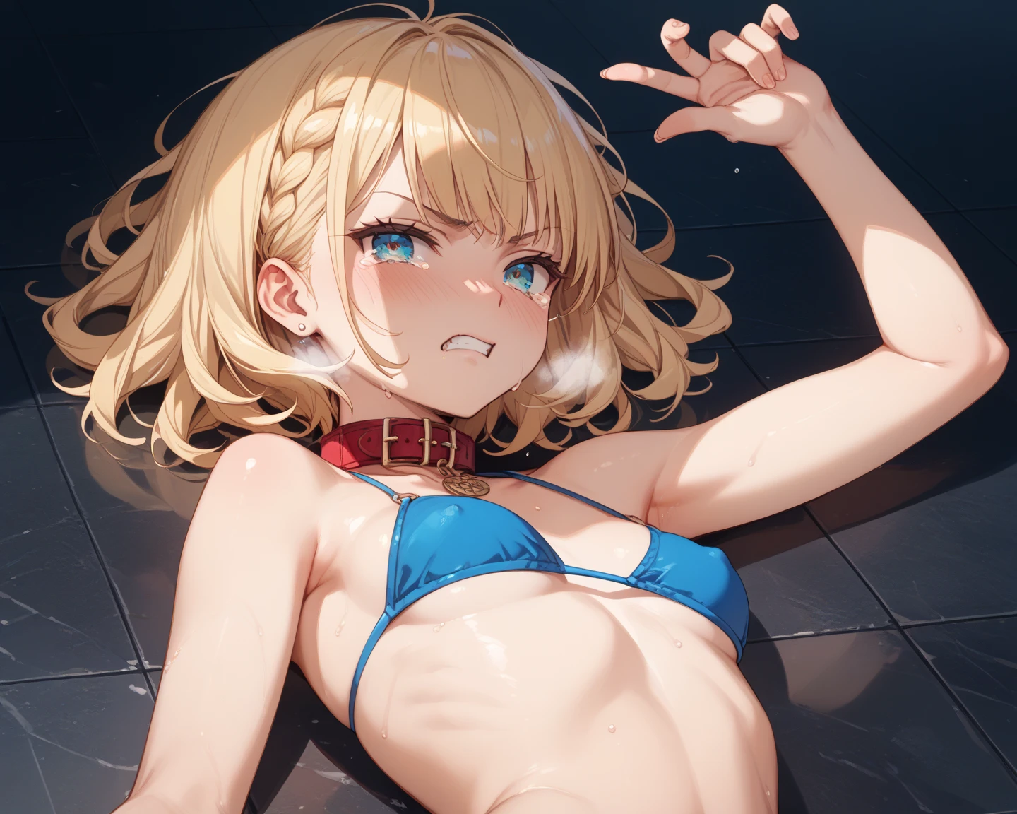 (masterpiece:1.2), (highest quality:1.2), perfect eyes, perfect face, perfect lighting, desert, (((((nude))))), nsfw,　, 1 boy,blonde　gold eye, ((((((hair over one eye,)))))), single braid, side braid, spike hair, dull bangs, bob hair, Ahoge, cute eyes　looking at the viewer,((From above)), (fang), sweat, open mouth, ((((disdain)))), (((cum on pussy))), ((abs)), contrapposto, crossed arms, big breasts