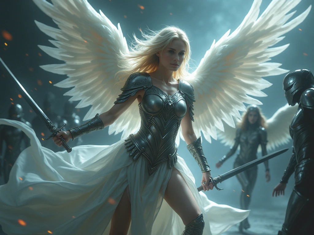 The photo shows a battle between an angel and a witch, an angel fights a witch, a battle, a battlefield, an angel against a witch, hyper-detail, ultra-sharpness, 8k, (insanely detailed: 1.5), full-length photography, 20 MP, canon eos r3, detailed skin, (perfect face: 1.5), perfectly drawn faces