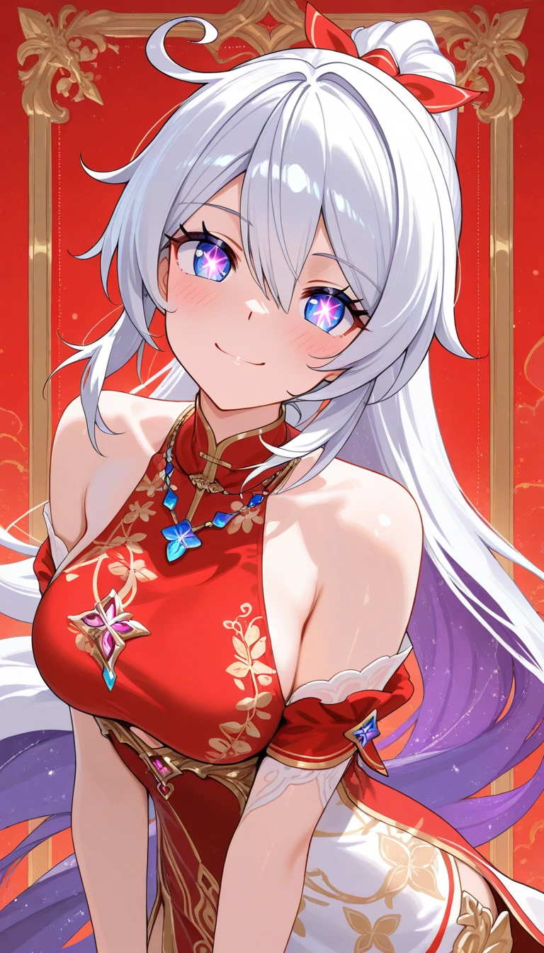 ((One personの女性)), Beautiful Face, Laughing embarrassedly, (laugh:1.2),((Wink:1.9)), (head tilt:1.3), Laugh with your mouth wide open, upper teeth, looking at viewer, ((full-face blush:1.6)),Glossy Red Lips, Night view, On a luxury hotel bed, ((on back :1.8)),  Glossy red lips, Shining Face, ((Anime style background)),masterpiece, Highest quality, so beautiful,up to date, Complex details, (Pink sharp claws),(ring),(bracelet),(Floral choker),AI-generated, Complex,High resolution, Highest quality, super high quality,3D Images、3D Images, One person, Long white hair, High Ponytail, Anime woman posing for a photo, (blue eyes), ((Fine grain、Silvery white, lightly pigmented eyes、Shining Eyes:1.3)), (Squint your eyes:1.1),a hyperRealistic , hyperRealistic , Realistic,Anime woman with long white hair, Smooth anime CG art, ((A woman in a colorful kimono with gold embroidery)), ((Black long-sleeved kimono 1.3)),(Red floral pattern),Long flower hair ornament,Earrings,Mature Body,aldult,(Big Breasts:1.1),Tall,Abdominal muscles,Tight waist, (front view),