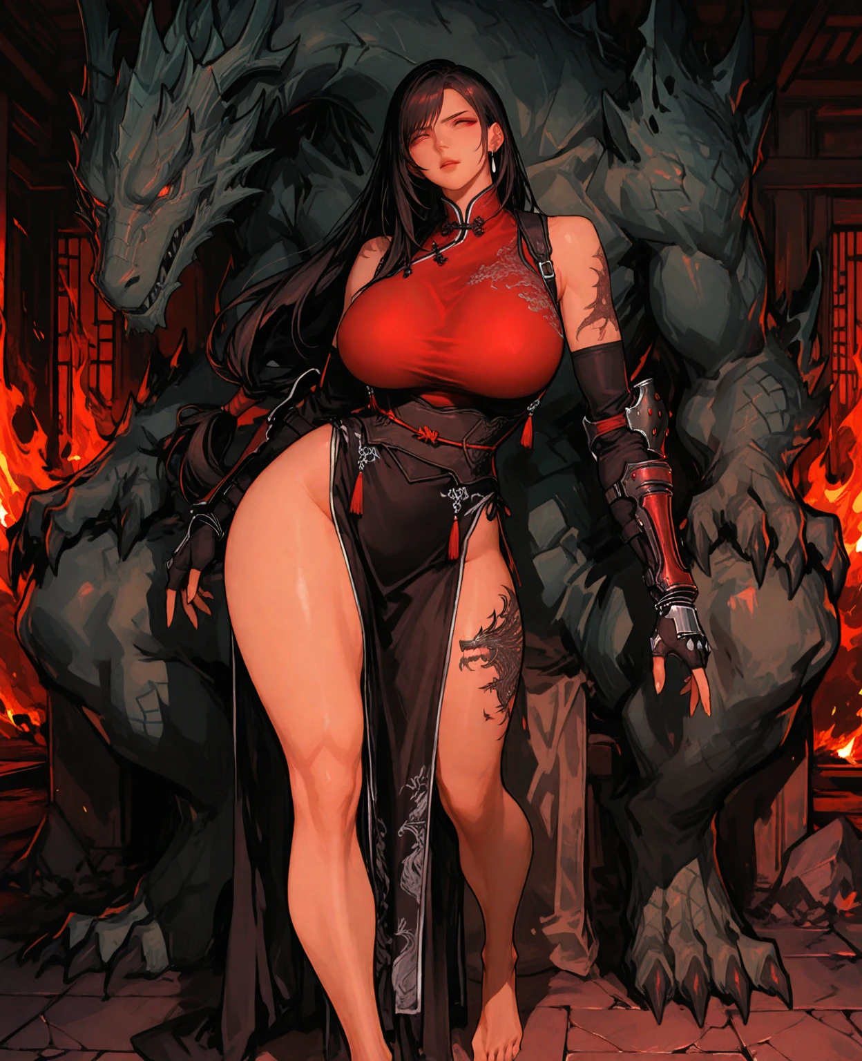 massive breasts muscular girl pale skin black hair yellow eyes sad 
