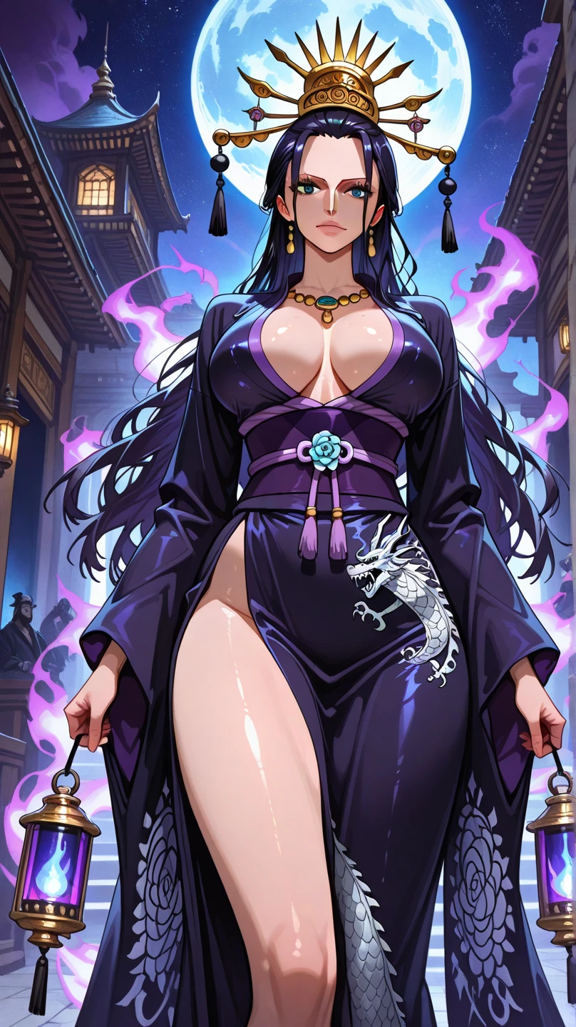 (masterpiece, best quality:1.2) from below intricate details, spirit blossom soraka, 1girl, purple skin, colored skin, single horn, kimono, hair ornament, bare shoulders, smile