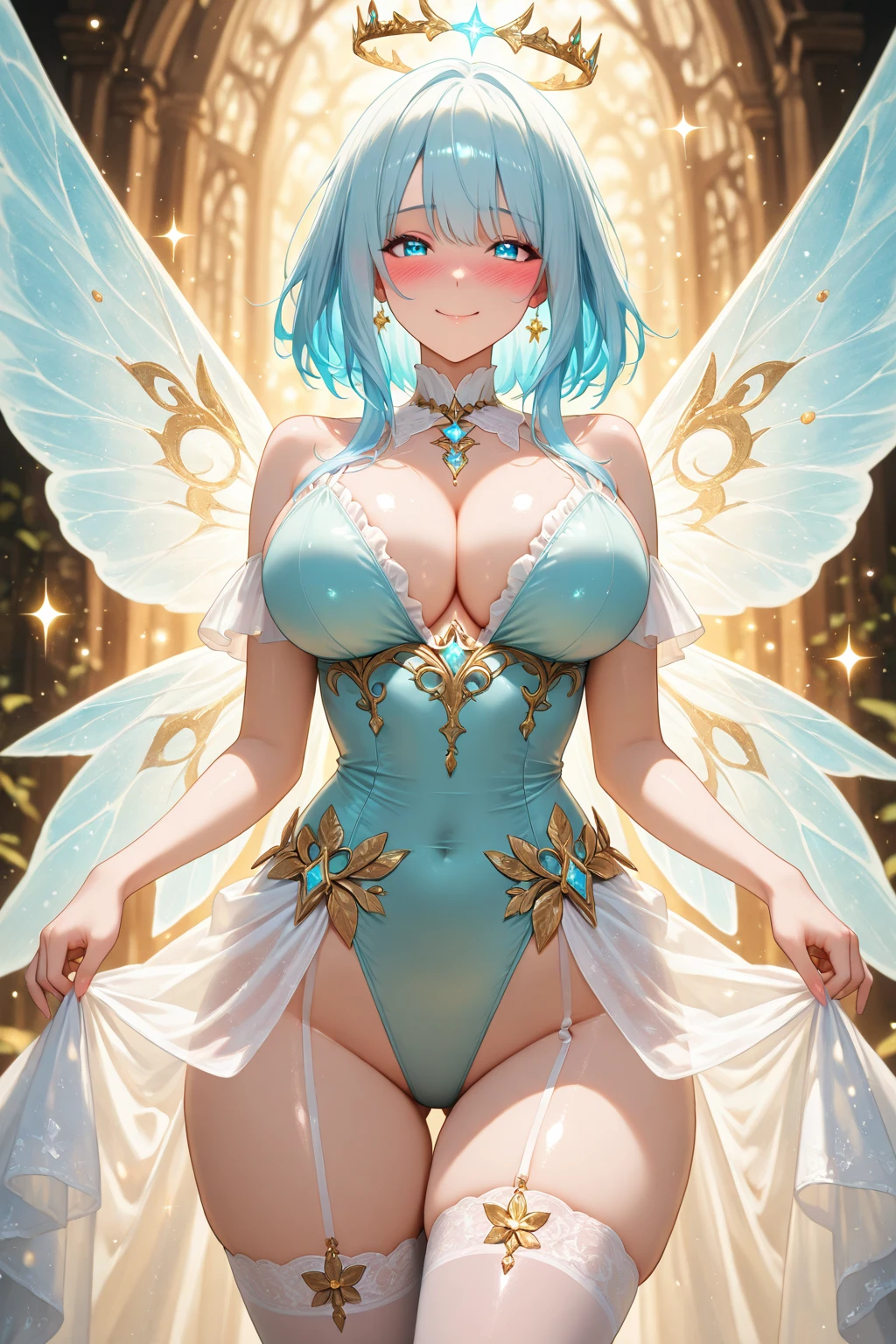 (((masterpiece))), (((Highest quality))), ((Very detailed)), (figure), ((Very delicate and beautiful)), ((Super Detail)), ((High resolution)), (((20-year-old))), meexpensiveic cloth, (Maid), (Android), ((Mechanical Wings)), Delicate metal decoration, Glowing Skin, Shiny body, Two legs, breast focus, (((expensive))), Thin legs, ((Big round eyes)), Cute eyes, Droopy eyes, ((Adult)), both hands, Five Fingers, No extra hands required, Elegant smile, Braiding, Medium length hair, ((meexpensiveic light green)), (See through), (Dark Blonde), Biopunk, cyber punk, (Super big breasts), Safe for watches, (Shining brightly), Outdoor, afternoon, Shining Sun,