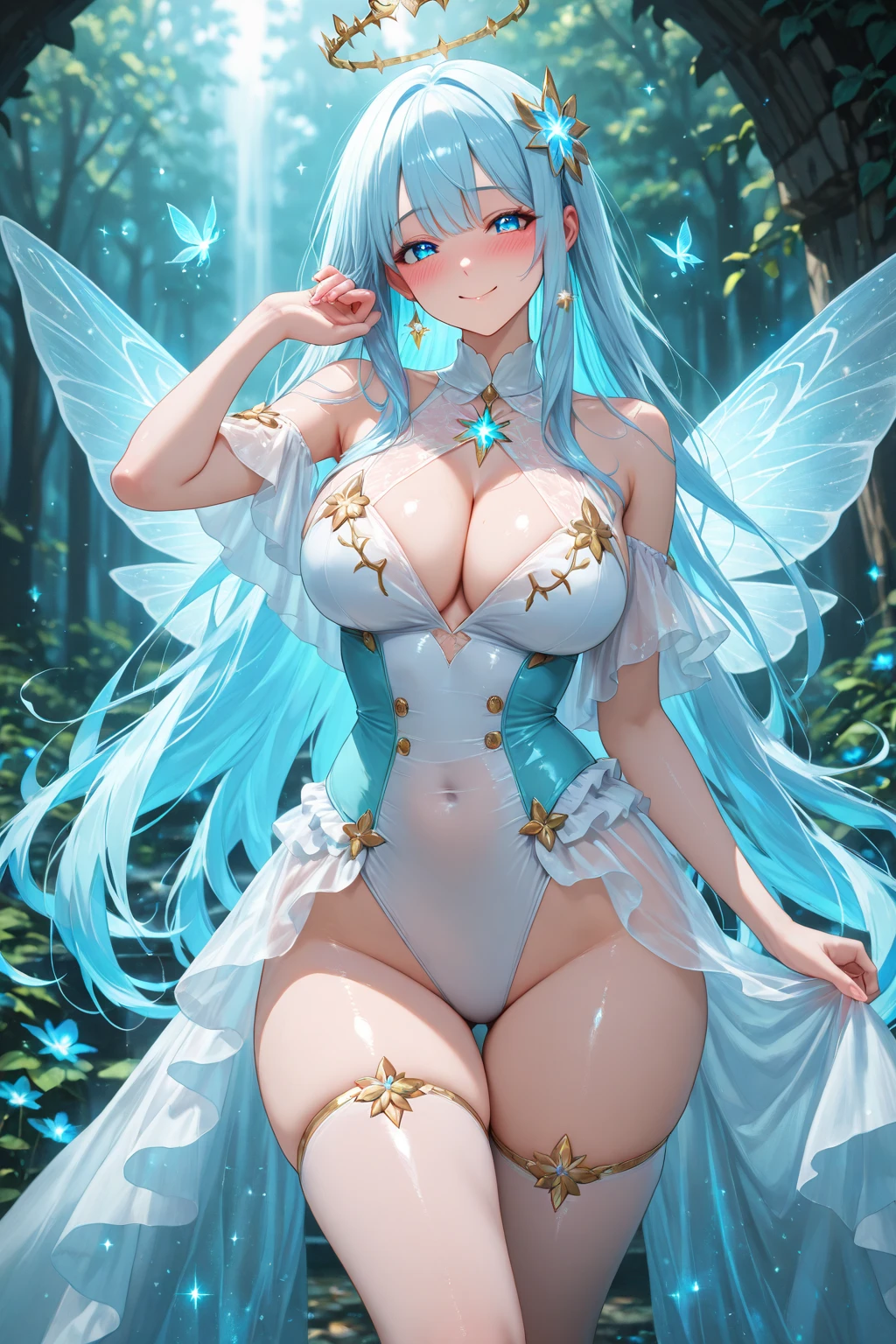 beautiful detailed female fairy queen, beautiful face, shiny white skin, having transparent wings, curvy body, holding magical shiny wand, take a bath on the river, ultra large saggy breasts, massive cleavage exposed, waterfall background