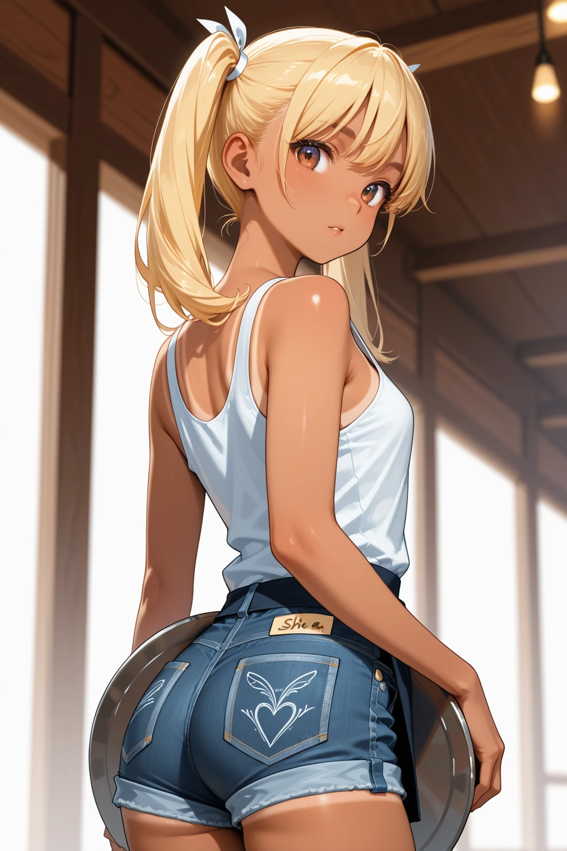 Hermosa chica rubia con pelo largo y ondulado con una coleta. Muy sexy con tetas muy pero que muy grandes, enormes y solo con una camisa blanca abierta y con un tanga tiro de vaquero. And a boy with short hair fucks her from behind, vista frontal. fondo de habitacion