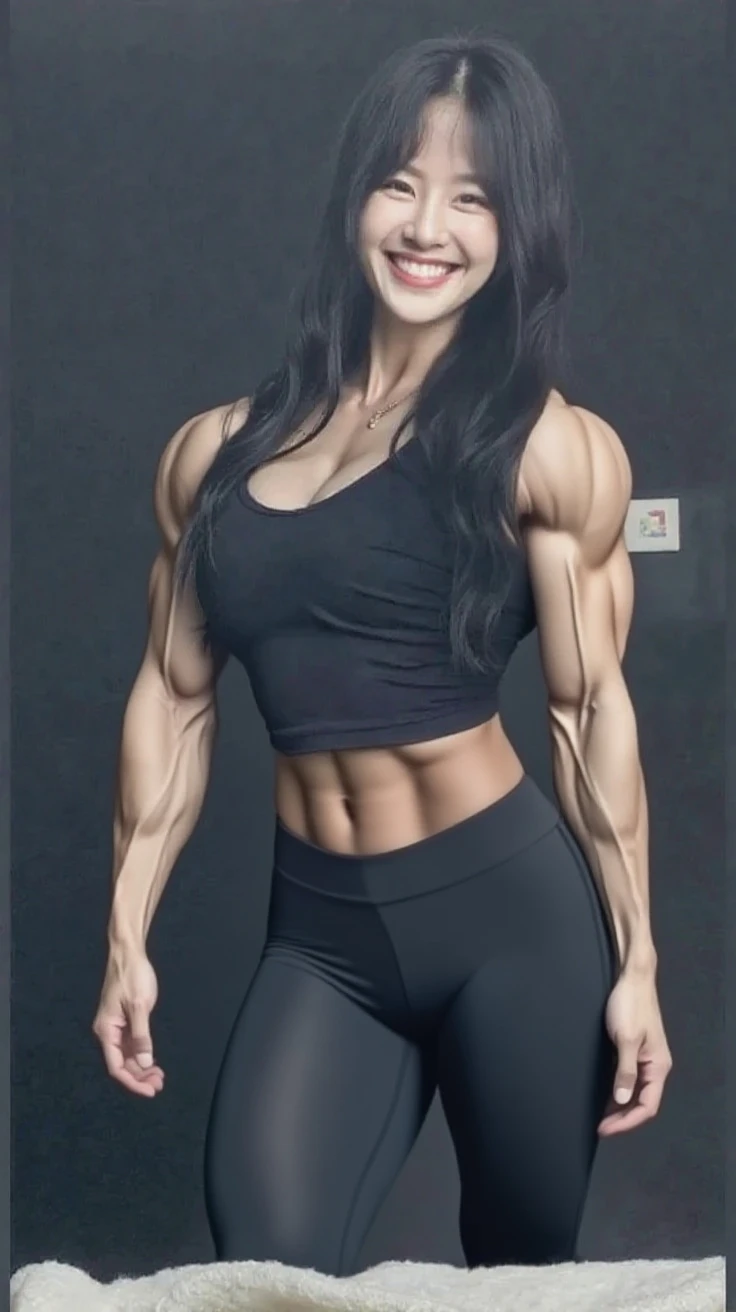 Straight black hair,blue eyes,(high quality eyes),masterpiece, best quality, high quality, highres, outdoors, looking at viewer, black shirt, crop top, midriff, navel, black short, tall female, bodybuilder, huge chest,, perfect body, 23yo,  (slender muscular body:1.3), ((view the viewer)), gts, short hair, smile