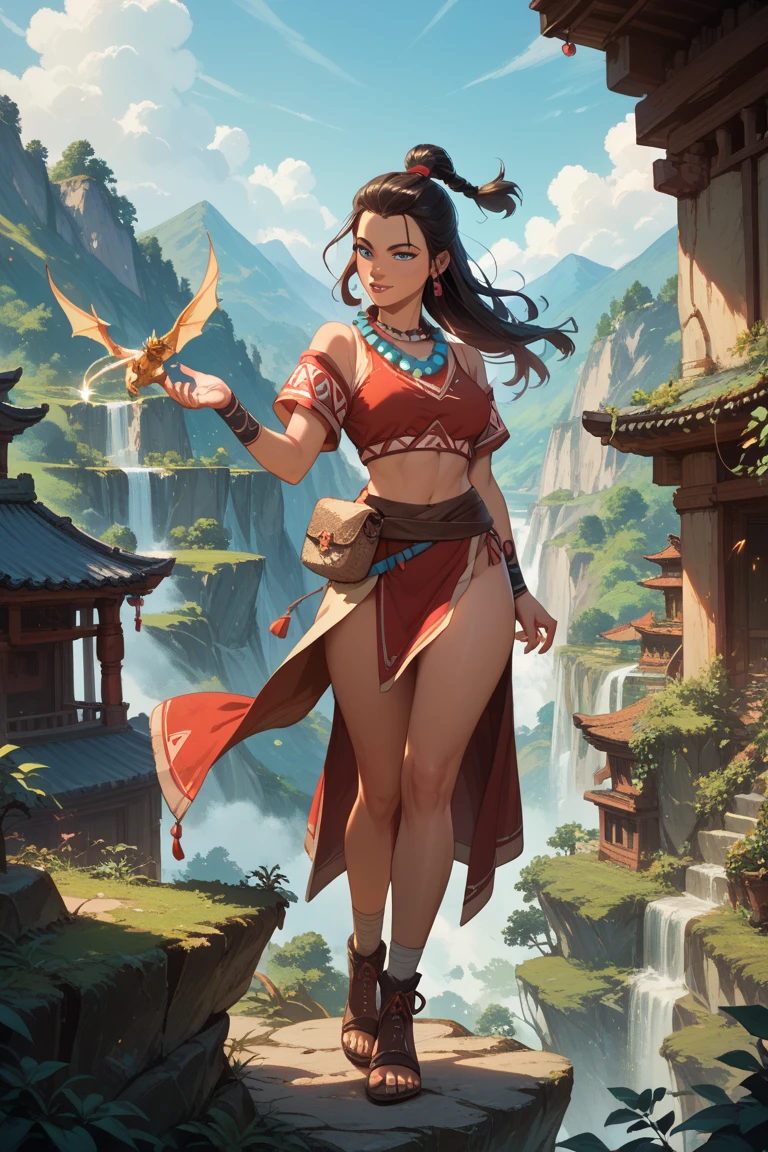 Zara, a gigantic 62-meter Amazon queen, emerges from the dense jungle at dawn, her tanned skin glowing in the light of the rising sun. Her long, braided hair, adorned with exotic flowers, falls over her shoulders and back. Standing in a clearing surrounded by trees, her posture is majestic and seductive, one leg up on a rock, one hand on her hip, the other holding an ornate spear. His eyes, full of determination and desire, gaze at the tiny humans at his feet, fascinated by his imposing figure. Her lips curl into a confident smile, and her muscular, perfectly sculpted body radiates an aura of eroticism and primal power, enveloping all present in a spell of submission and utter admiration.