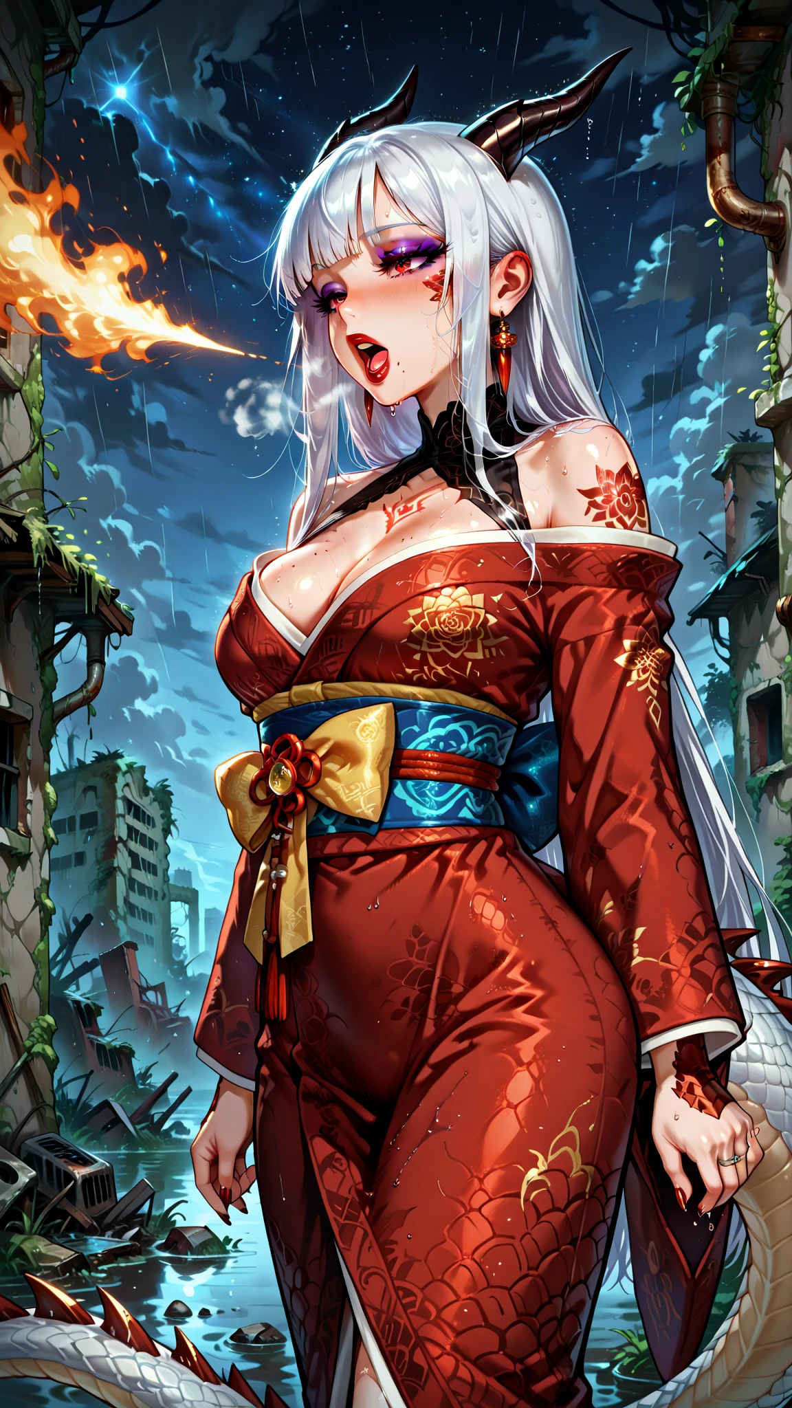 (masterpiece, top quality, best quality, official art, beautiful, cosmic, atmospheric, psychedelic, dreamlike, shinto shrine and aesthetic:1.2), (1girl, platinum white hair, beautuful highly detailed Harajuku-inspired hooded kimono, tons of tattoos and piercings, super huge enormously gigantic nude tits and nipples exposed, cleavage showing, gigantic tits bursting out of her kimono), extreme detailed,(fractal art:1.3),colorful,highest detailed, cherry blossoms blowing in the wind 