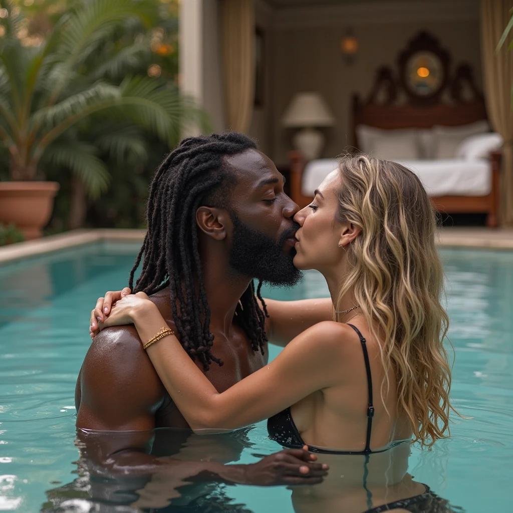 A hot brunette girl and a guy with curly hair and beard sitting naked by the pool. Back facing the camera.  er hat tattoos.  Body view, bright light, viewer, 