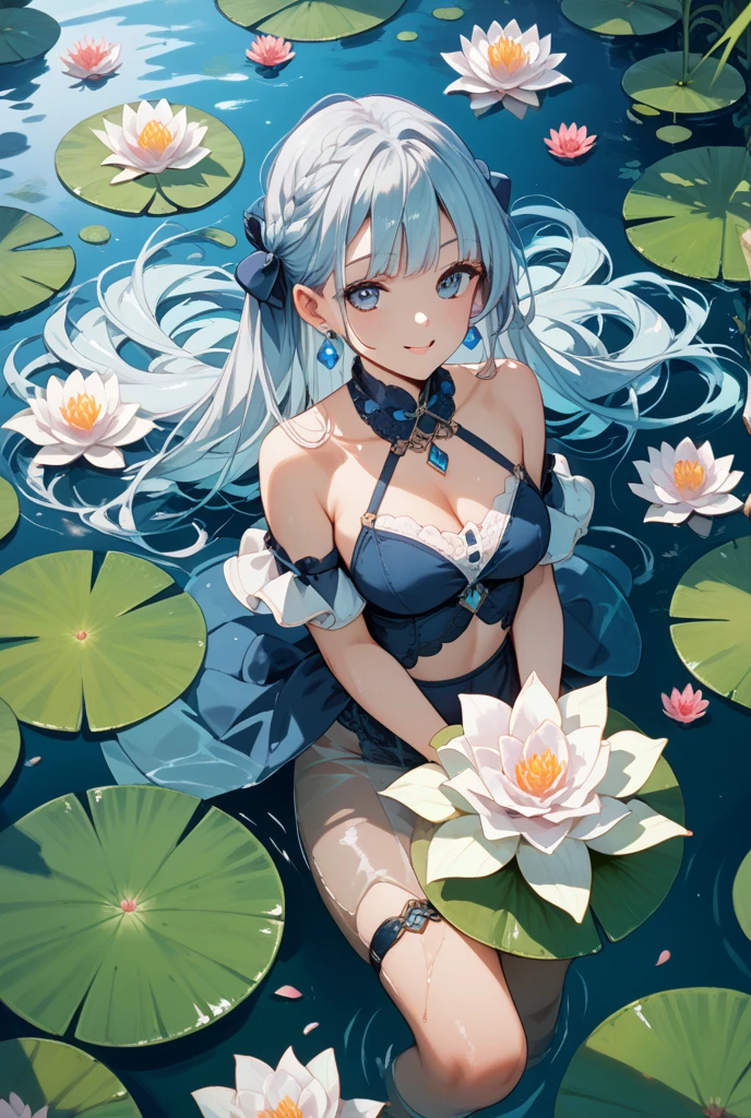 a close up of a woman sitting in a body of water, :: rossdraws, rossdraws 1. 0, rossdraws 2. 5, digital anime art, rossdraws sakimimichan, white haired deity, digital anime illustration, digital art on pixiv, perfect white haired girl, artwork in the style of guweiz, pixiv, in a pond
