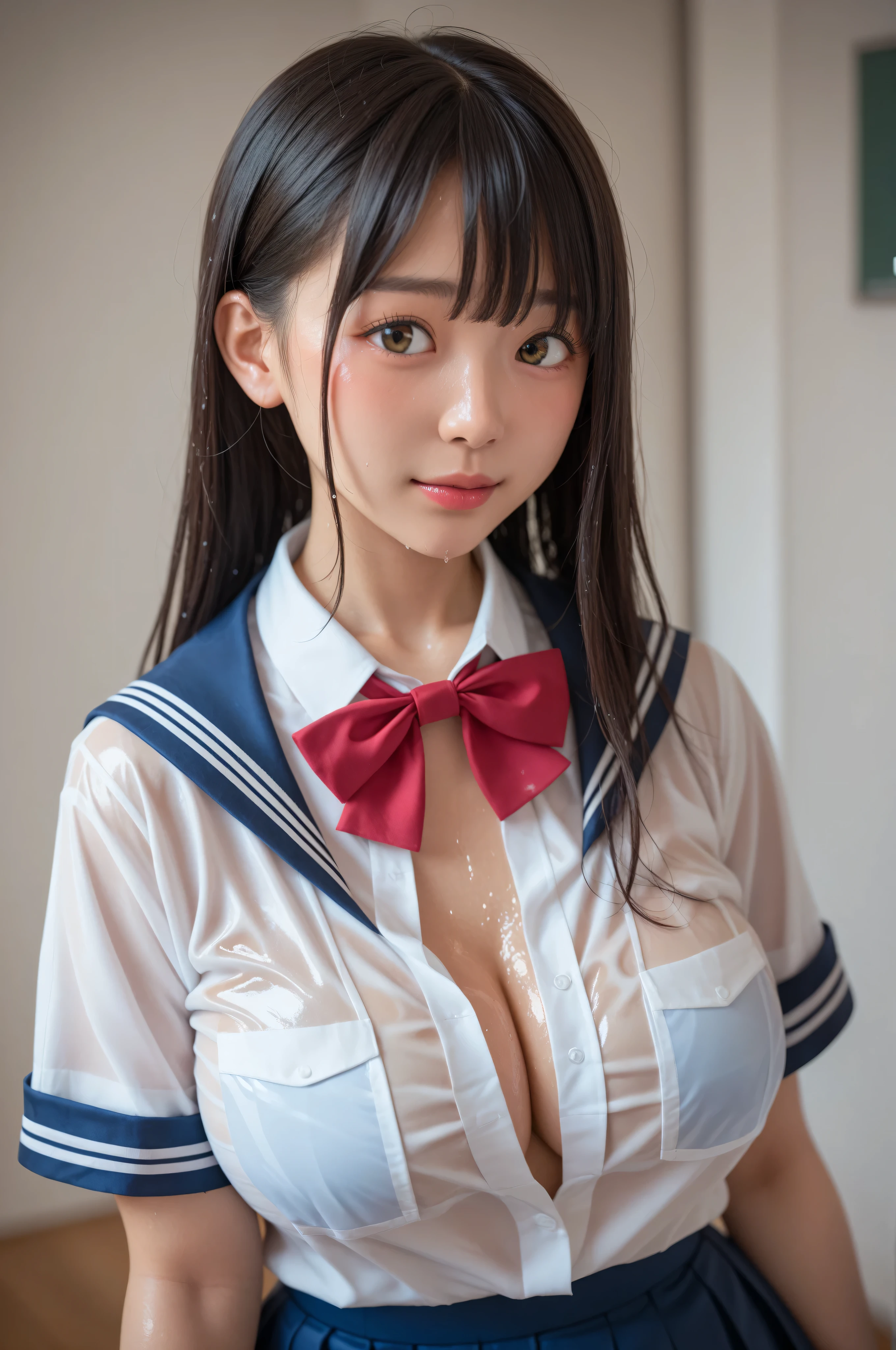 (Burstingly Big Breasts:1.3)、((masterpiece, 最high quality, 8k, One Girl, Blowjob Pose、penis))、high quality、masterpiece、Ultra-high resolution、beautiful girl、beautiful girl顔、Cute girl face、Wear a sailor uniform、School Swimsuit、、Twin tails