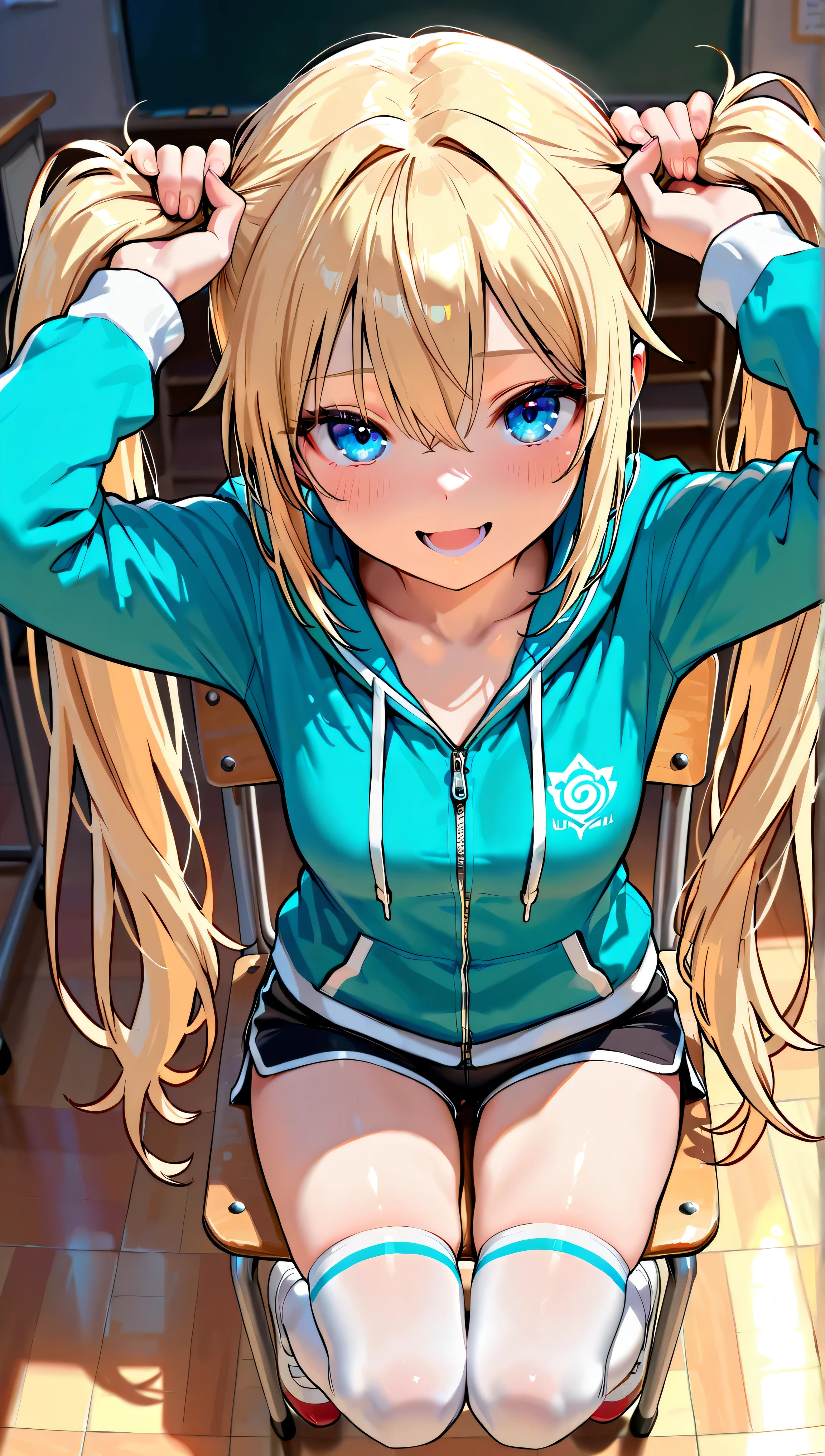 Beautiful illustration, best quality, cute girl, ((Inside an Arcade)), pastel color, contrast, natural tones, ((Blonde bangs)), ((Sitting on the beach)), ((Amazing slim body)), ((Blush)), ((Grey hoodie)), ((Sassy grin)), bright lighting, ((Big eyes)), ((Perfect hands))