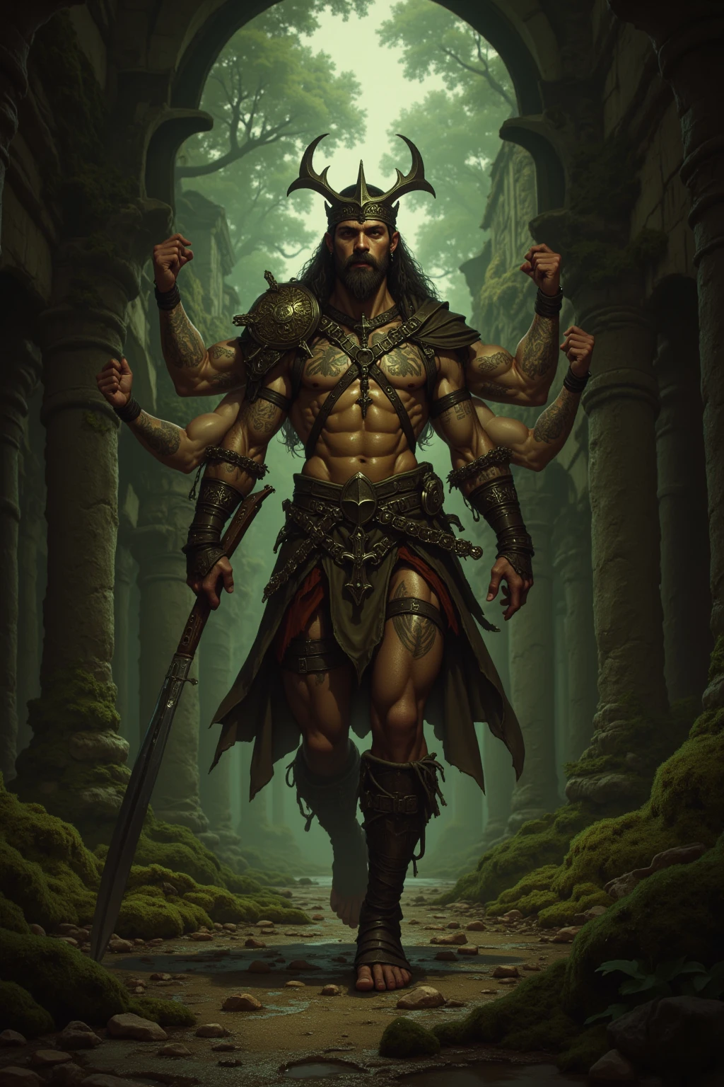 A faun man in the forest, satyr, man, fantasy(masterpiece, best quality, photorealistic, detailed shiny skin:1.2), flawless, 8k, RAW, highres, (dark night:1.1), goat legs, furr legs, hooved, goat horns, beard, long black hair, looking at viewer, cinematic, dark background, medieval, muscles, open ches5, fantasy, (absurdes)