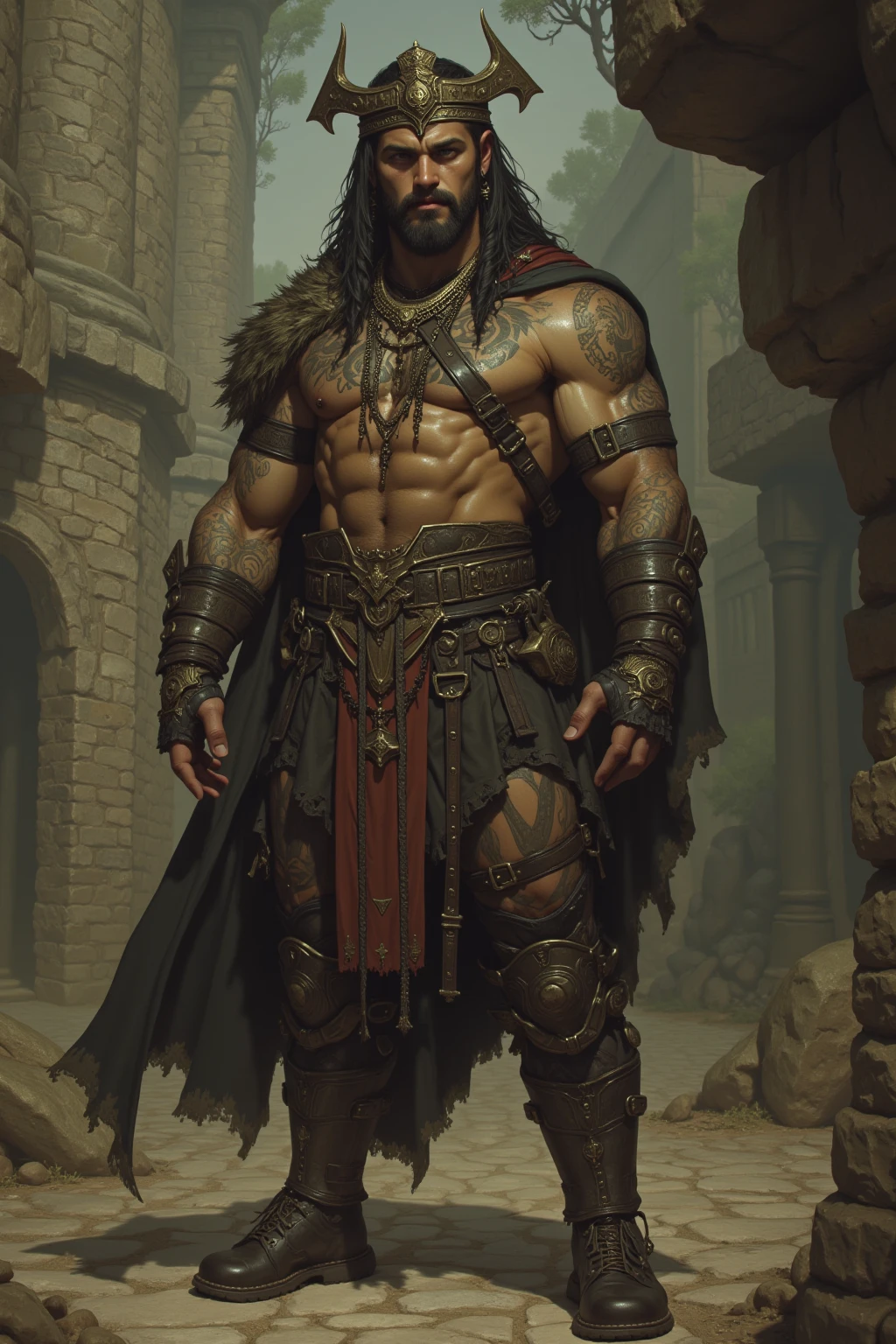 (((Solo character image.))) (((Generate a single character image.))) Dark fantasy art, (((Dark, night time background.))) (((Strong elements of dark medieval fantasy.))) Looks like a fierce, rugged male medieval fantasy gladiator. (((Looks like Roman Reigns.))) Looks very imposing and sinister. Looks like a stone cold killer. Looks like a powerful, muscular male gladiator for Dungeons & Dragons. Looks fierce, dangerous and deadly in a medieval fantasy setting. Looks darkly sexy and attractive. (((erotic and risque pose))), (((oiled body))), (((ideal male physique))), (((looks like a dark sexual fantasy))), (((luxurious and sexy blonde hair))), A single character portrait, fantasy art, fantasy attire, attractive, very sexy, muscular, powerful body, detailed muscles, youthful, (((sexy man in his early 20’s))), (((intense, serious stare))), powerful, dangerous, (((sexy armor))), revealing armor, gorgeous face, sexy mouth, Dungeons & Dragons character portrait, intricate details, ultra detailed, extremely detailed hands, ultra detailed clothes, combat ready pose, ultra detailed hands, epic masterpiece, ultra detailed, intricate details, hyperdetailed hands, award winning, fantasy art concept masterpiece, trending on Artstation, digital art, unreal engine, 8k, ultra HD, centered image fantasy artwork, fantasy attire, fantasy adventurer, masterpiece:1.3,madly detailed photo:1.2, hyper-realistic lifelike texture:1.4, picture-perfect:1.0,8k, HQ,best quality:1.0, (masterpiece,fantasy,art, best quality, unreal engine, 8k, ultra HD, centered image, absurdres best quality:1.0,hyperealistic:1.0,photorealistic:1.0,madly detailed CG unity 8k wallpaper:1.0,masterpiece:1.3,madly detailed photo:1.2, hyper-realistic lifelike texture:1.4, picture-perfect:1.0,8k, HQ,best quality:1.0,