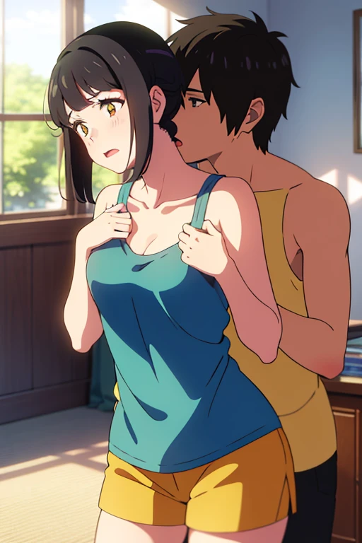 masterpiece:1.6, best quality), finely detailed beautiful eyes: 1.2), colorful, shinkai makoto, kimi no na wa., 1girl, crawl position, sex from behind, 1boy, Doggystyle, (1boy, buzzcut, muscular, brown eyes, open mouth,nude,penis , boy touching girl chest,chestgrope from behind, boy caressing girl's body, breast groping, breast grope, hold breast,) (1girl, bangs, black hair,twisted haff up, red ribbon , long hair, blush, worried eyes, open mouth, brown eyes, short sleeve yellow shirt, medium breast, bottomless, cum inside , creampie, vagina ) indoors, bed,bedroom, lamp, cowboy shot, sex,sex from behind, thrusting, night