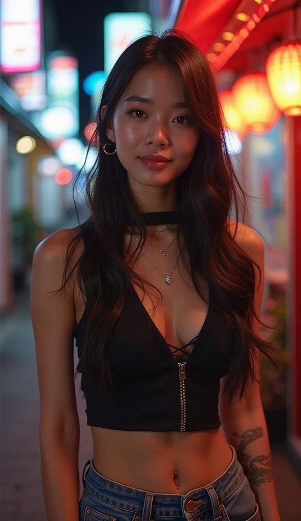Thai Woman, look at viewer, long hair, one piece , in a club , india , have drinks in hand , hot and chilling , dim lights