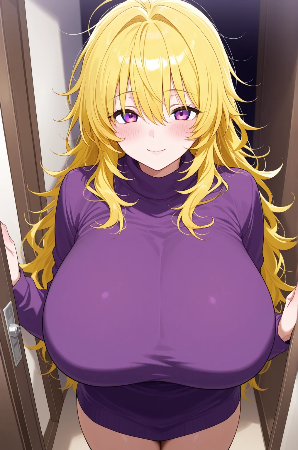 Better image quality, of the highest quality, perfect anatomy, High resolution, Super detailed, 8K Wallpaper, textured, detailed, individuality, nffsw, Very detailed CG, Hisato Higashi, 1 girl, alone, Full body esbian, standing, Open your legs, Highlight the crotch, Horse tail, Brown_hair, Front hair, Brown_look like, 20 years old,, see the viewer, Laughter, Lewd face, (beautiful fece,big_chest:1.4), (beautiful_face:1.5),(narrow_waist), Transaction services, Transaction services, Transaction services,purple suit, embarrassing, Wide hips, thick thighs, Huge natural chest, Huge ass, Erotic, Cute smile, bubble butt, Protruding chest, tight purple latex, perky nipples, Saggy chest, to take a pose, Purple latex suit, Look like erect nipples,big nipples
