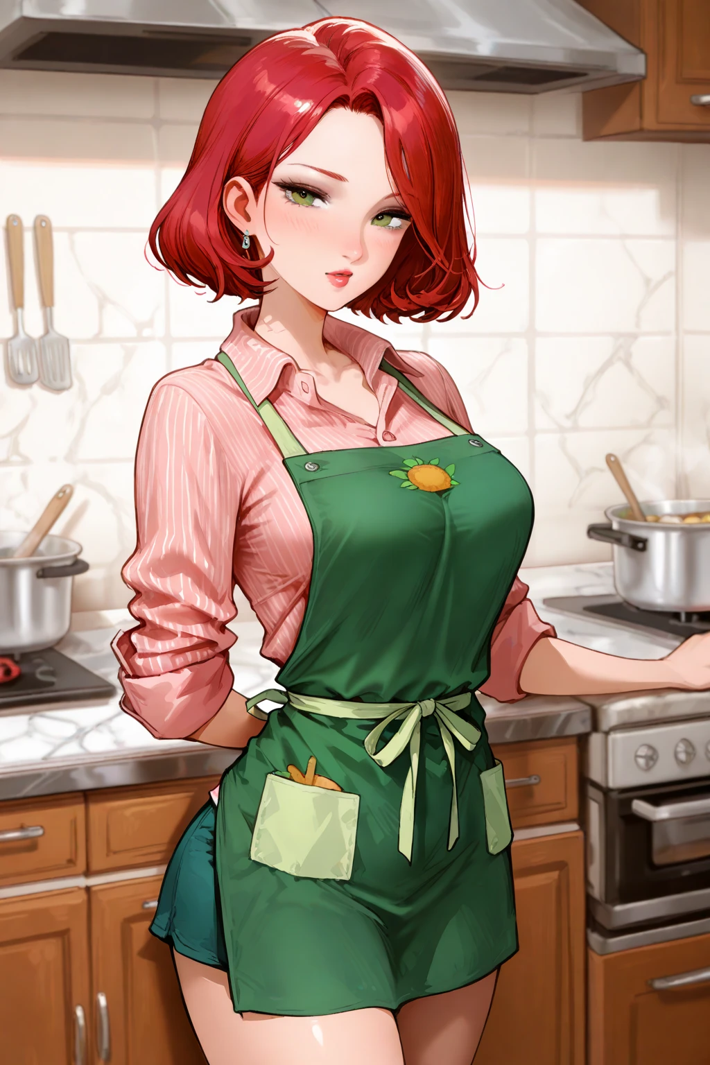 (masterpiece, Best quality, A high resolution, A high resolution:1.2), extremely detailed, realistic, complex parts, portrait at the table, Shot at eye level, Naomi, beautiful 27 year old Filipina, , Filipina with natural breasts, in a white T-shirt , green apron apron , curly red hair, in cooking, cooking in the kitchen , From Side, smiling. Holding a large can of tomatoes in his hands. pickles tomatoes