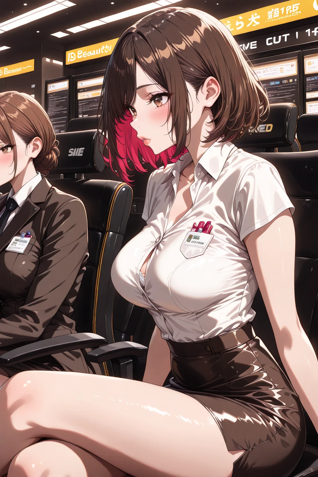 NSFW,One girl,Heterochromia iridis,Collared shirt、No sleeve、High Waist Skirt、pantyhose、Blue jacket、Fur trim、Fingerless gloves、ID card,Office at night,(Perfect hands),(Perfect ???????),(masterpiece),(highest quality),Embarrassed,blush