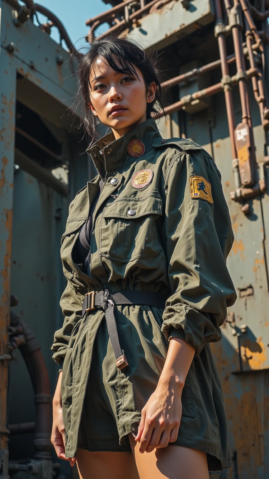 A tall, sexy, kind, busty Russian Soviet military girl milf with long, straight, soft red hair, brown eyes, pink lips, wearing a green metallic top, a black patch on her chest, a yellow ribbon around her waist, and large green metallic pants with sensual thighs and large yellow boots. She is wearing a black Soviet winter cap.