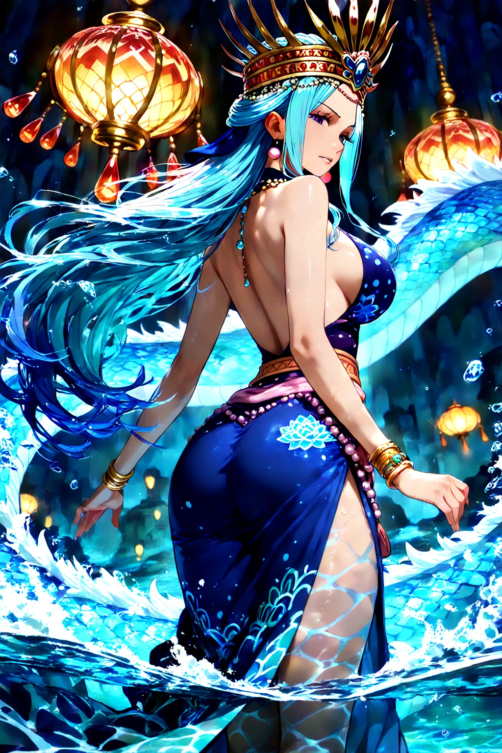Rear view、(((golden eyes)))、anger、splash of water、(((storm)))、strong wind、female organ、blue pubic hair、hair ornaments、naked、(((Blue tattoo)))、Beautiful Girl Magician、(((light blue long hair)))、((whole body))、(((photo taken from below)))、magic circle、background is sky
