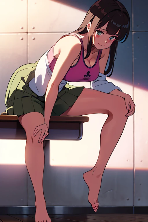 absurdres, highres, beautiful, masterpiece, best quality, extremely detailed face, BREAK looking at viewer, full body, (from below:1.5) BREAK (vivid-color:1.3) BREAK (one girl:1.3), (((((((kagome))))))) in tennis uniform, hairclip, earrings, jewelry, nm1, hair ribbon, short hair, tennis cosplay, (pleated super short skirt:1.4), (thighs:1.3), ((((large breasts)))), open mouth, (folding one's arms:1.3), (breast:1.3), round eyes, (blowing in the wind:0.5), sweat around girl, dripping sweat, (((Very pretty panties))), (sit on a bench:1.3), (bare feet:1.3), (foot focas:1.2),spread legs,looking down,looking at viewer, perfect foot,emphasis on the soles of the feet, from below ceiling, breath, pov, (shiny skin:1.1), squall (wind:1.2), sense of speed, refreshing breeze, motion blur effect, wind BREAK background is (tennis court:1.3), (Stand in the center of the screen:1.3), (10,000 people spectators:1.3), multiple people behind you, blue sky with clouds, outdoors, (magnificent panorama view:1.2), wind BREAK sunlight, magnificent view, rainbow in the sky, light particles, dynamic angle, dutch angle, perspective BREAK (daytime, sunbeam:1.2), depth of field, bokeh, light leaks, (chromatic aberration:1.2), noon BREAK