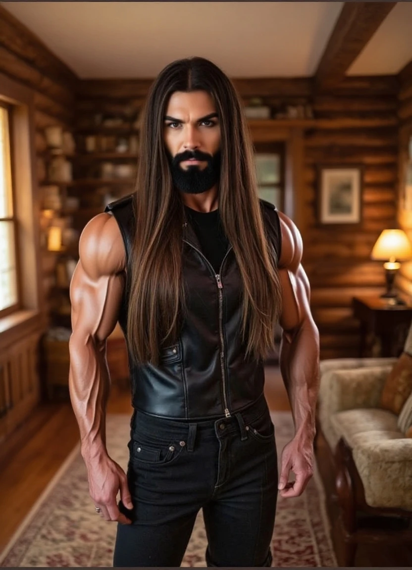 Strong man wearing a skirt with long hair 