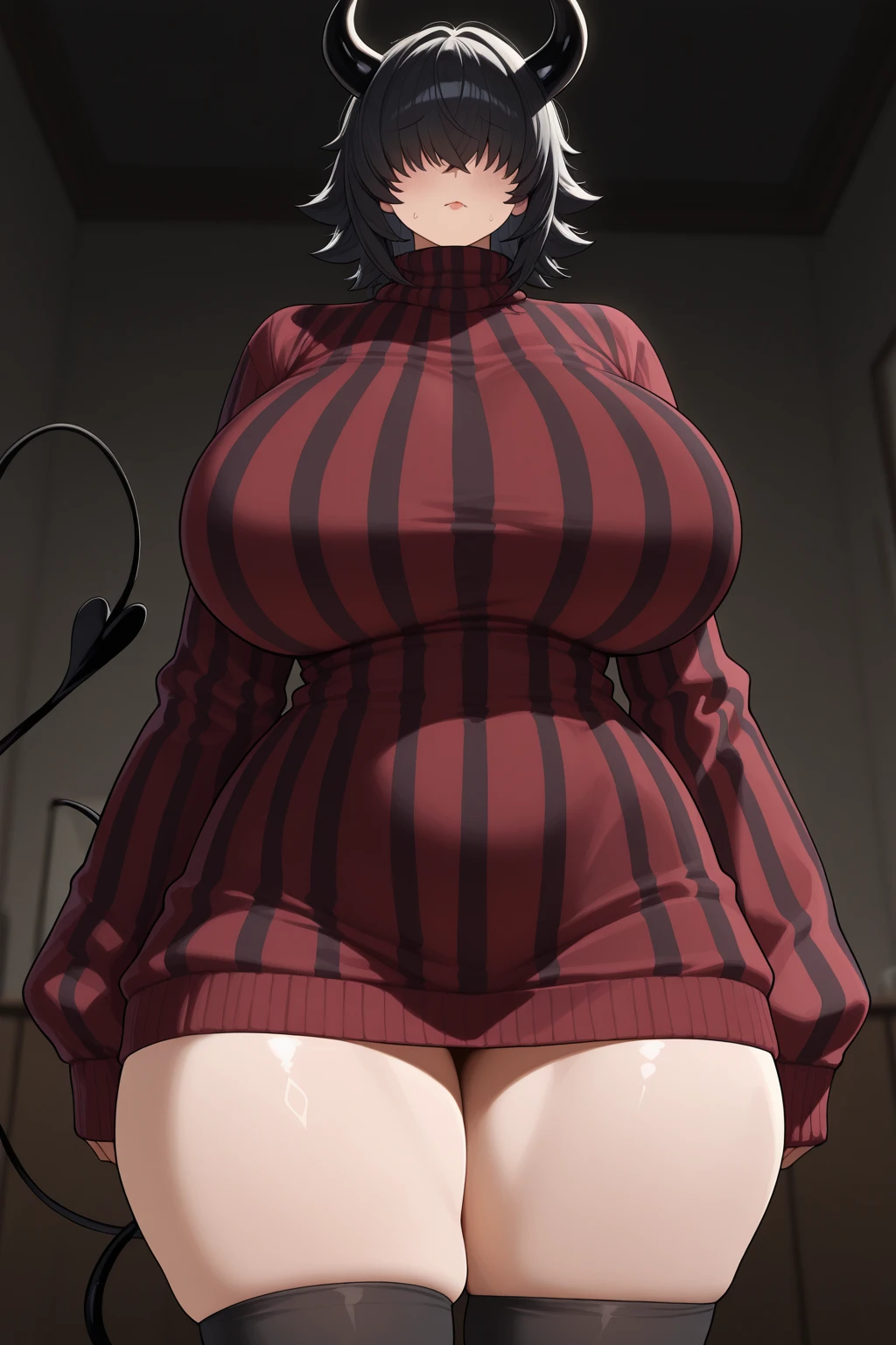 High school girl, pink short hair, bangs cover one eye, droopy eyes, big breasts, Thick thights, White panty,