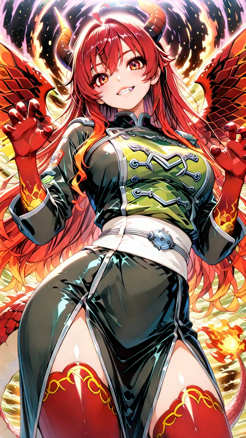 8K, Dark_Fantasy, (snake pupil: 1.5), standing full body portrait, (Scarlet Witch, yellow: 1.5), delicate face, one eye black, one eye red, 1 person, mechanical miracle, robot presence