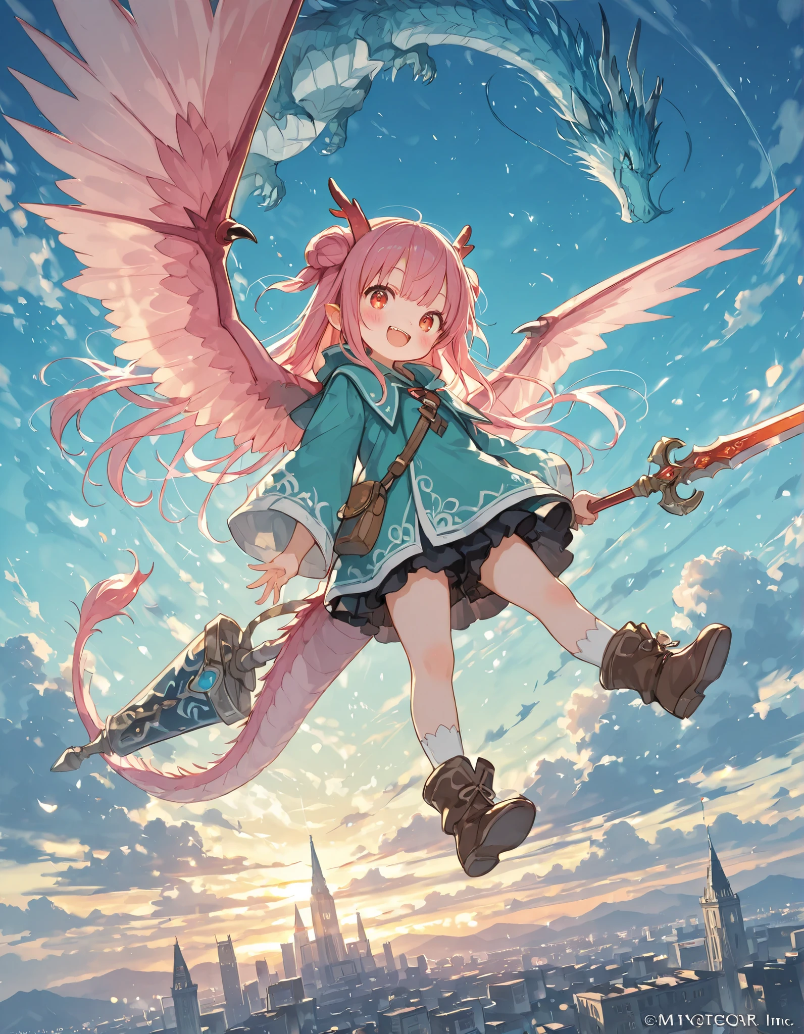 Highest quality, highest resolution, masterpiece, fantasy world, adorable dragon girl, majestic clouds, mysterious, ((Cute smiling dragon girl)), city visible in the distance