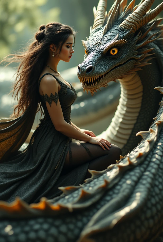 Ultrarealistic, 8k, 4k, hdr, vampire in stocking with, long flowing wet dark hair and piercing blue eyes that gaze directly at the viewer. Sexy stockings, blending with the rough, scaled skin of a massive dragon that wraps around her. The dragon's powerful presence looms large, with its glowing orange eyes and imposing horns framing the woman's face. The overall composition creates a sense of power, mystery, and an otherworldly, mythical atmosphere. The lighting and texture work, as well as the skillful juxtaposition of the human and the monstrous elements, contribute to the compelling and visually striking photograph