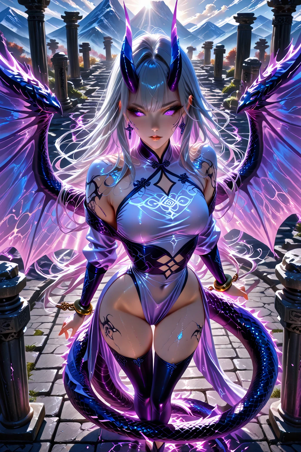 (RAW shooting:1.5, realistic:1.5, fractal art:1.5, 8K), (highest quality, masterpiece, ultra high resolution), Castle of the Demon World, ((perfect dynamic composition:1.7)), Highly detailed skin and facial textures:1.3, Detail of limbs, 1 girl, (Cute sexy succubus demon with big wings:1.3, beautiful and aesthetic:1.3, Wearing detailed body jewelry:1.3), prisoner of war, slave, Horn, Fair skin, open your legs, colorful,  (Correctly wear heavily torn clothes off-shoulder:1.3), Huge breasts that are about to explode, Do not show areola, big chest gap, (The expression on your face when you feel intense caress, Facial expression when feeling pleasure, A look drowning in pleasure, Are crying), beautiful blue eyes, Eyes that feel beautiful eros, sexy face, blush, (Too erotic and cute:0.9, Bewitching:0.9), ((torture:1.5, Lots of chains:1.8, countless chains tangled in clothes:1.8, chain the right arm:1.2, chain the left arm:1.2, Bind the right leg with shackles and chains:1.2, Bind the left leg with shackles and chains:1.2)), (((An incomprehensible amount of liquid flows throughout the body:1.5))), super long blonde curly hair, View from the knee up