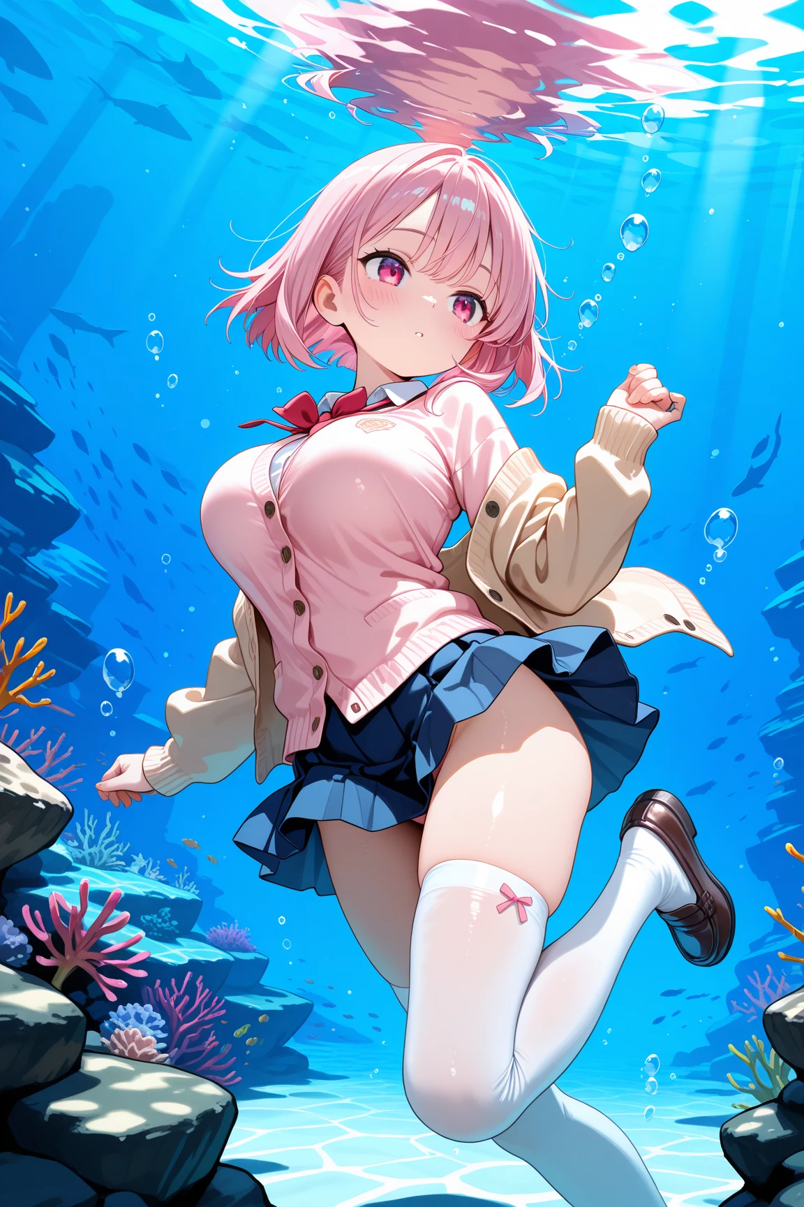 1girl, nsfw, nittamoeka, solo, pink hair, hair bow, pink bow, curly hair, short hair, purple eyes, pink eyes, , large breasts, , nipple, , Peeing, lactation, projectile lactation, floating island, casino, frozen, wet, crying , empty eyes , Naked, , (1girl) ,solo