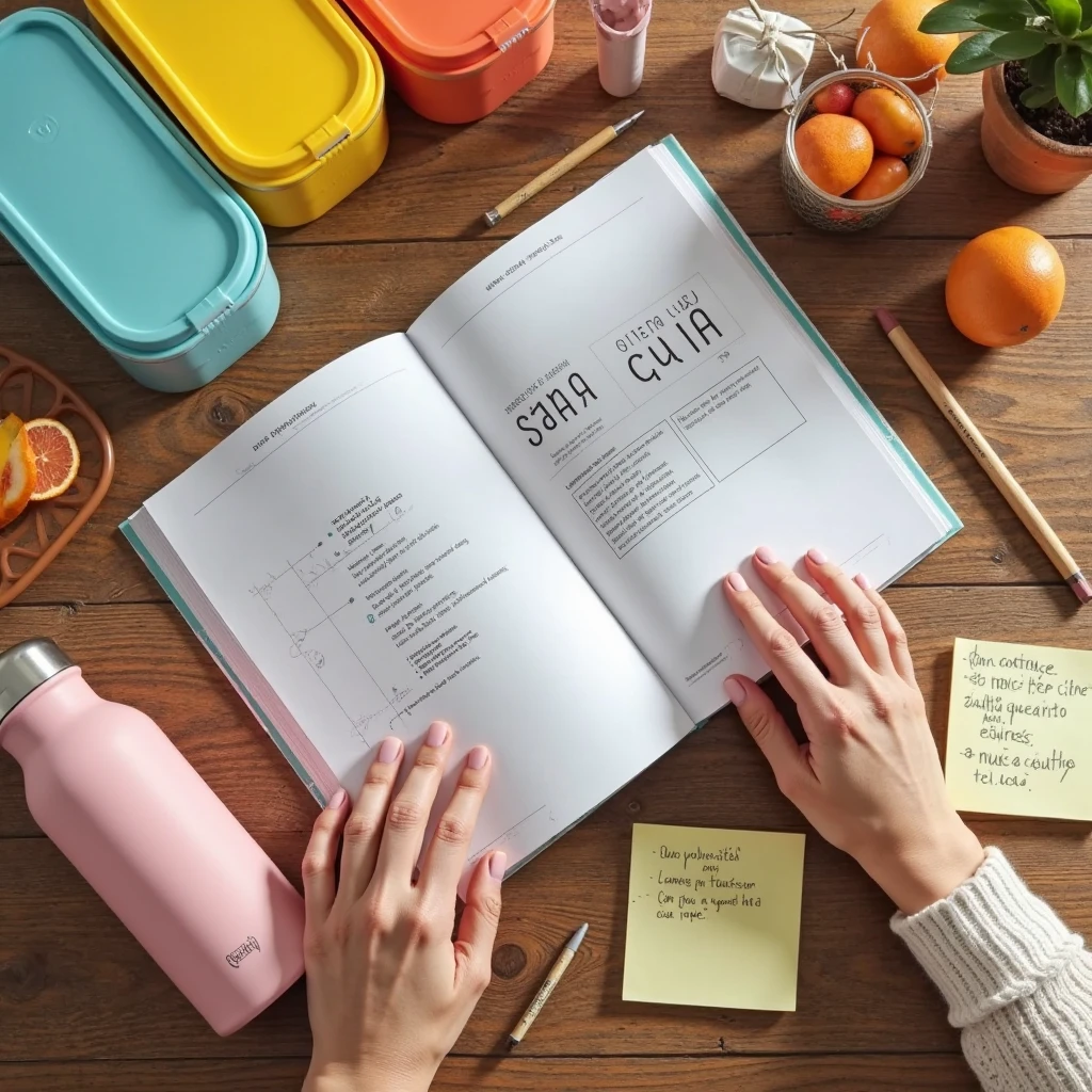 smiling person reading a motivational quote in a green book with no letters in the cover in a green kitchen 