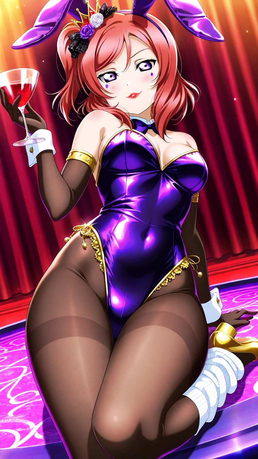 masterpiece, best quality, cowboy shot, from below,nishikino maki,red hair, purple eyes, black leather leotard, halter neck, cleavage cutout, (red lipstick:0.4), Sexual seduction, sexualised, hand on hip , thighhighs , mistress ,pov, moist skin, sweating , curvy hip
