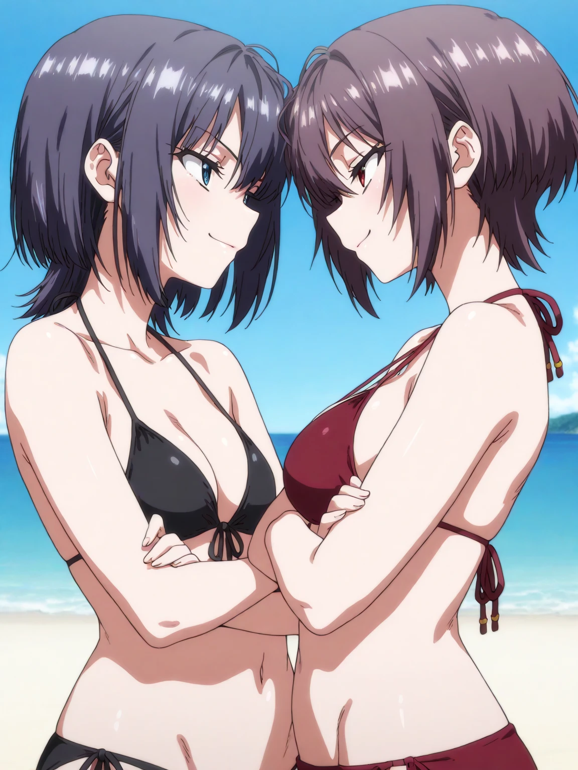 shizukamikazuki,
shizuka mikazuki, short hair, purple hair, hair ornament, hairclip, (pink eyes:1.5), swept bangs, looking at the viewer, blue theme, blue background, cloudy sky, sunlight, sweat, orgasmic, Blake ,bikini swimsuit, medium breasts, cleavage, belly button exposed, collarbone, thighs, sea and beach,
