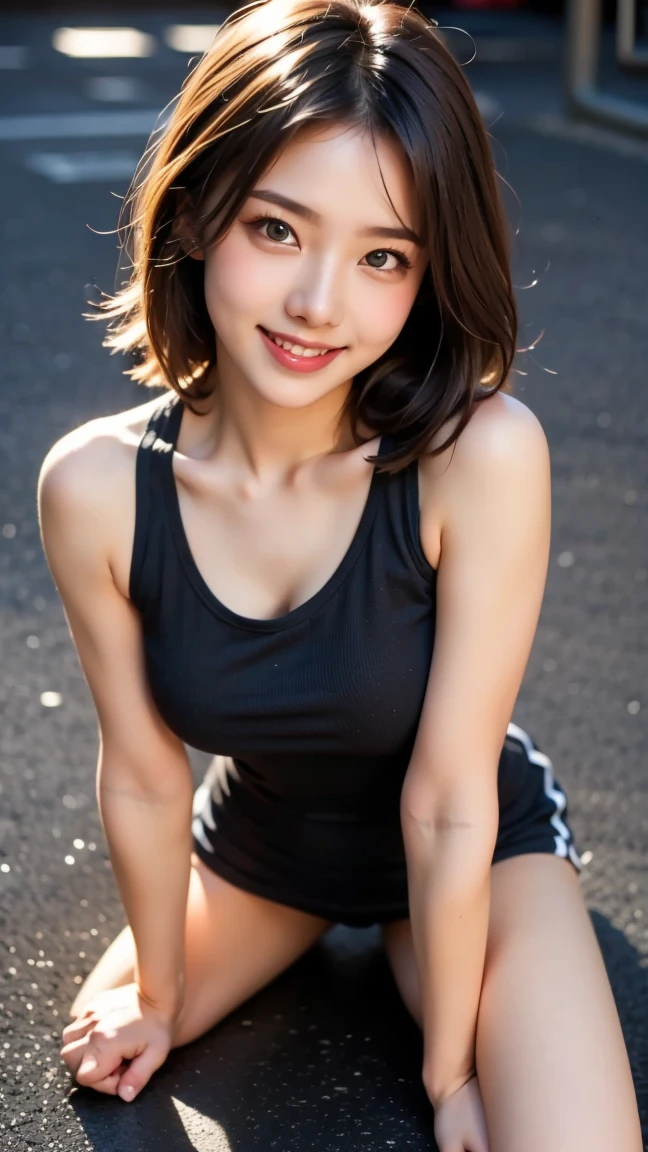 1girl in, Front view, to stand, Look at viewers, Exposed skin, (From below),Brown-eyed, (Black very short hair:1.2), (medium breasts:1.4), smile with white teeth, (Photorealsitic:1.4), (Top image quality:1.0), (超A high resolution:1.0), 8K, Raw photography, (​masterpiece:0.2), Red Athletics Uniforms, Show abs, (Sweat, Wetty:1.1), portlate, facefocus, fullllbody,(pureerosface_v1:0.5), plein air, track and field,