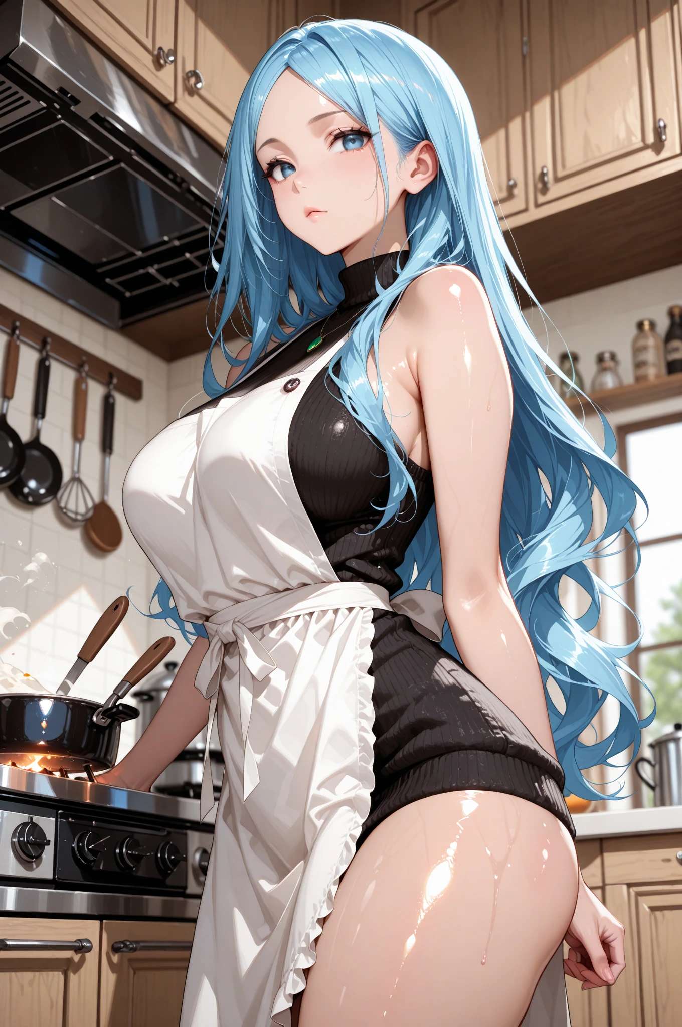 doom,Meaty thighs，Insgram,posture，Blue Hair，shorts，Western Metal，Beautiful breasts，Big plump breasts，Happy expression