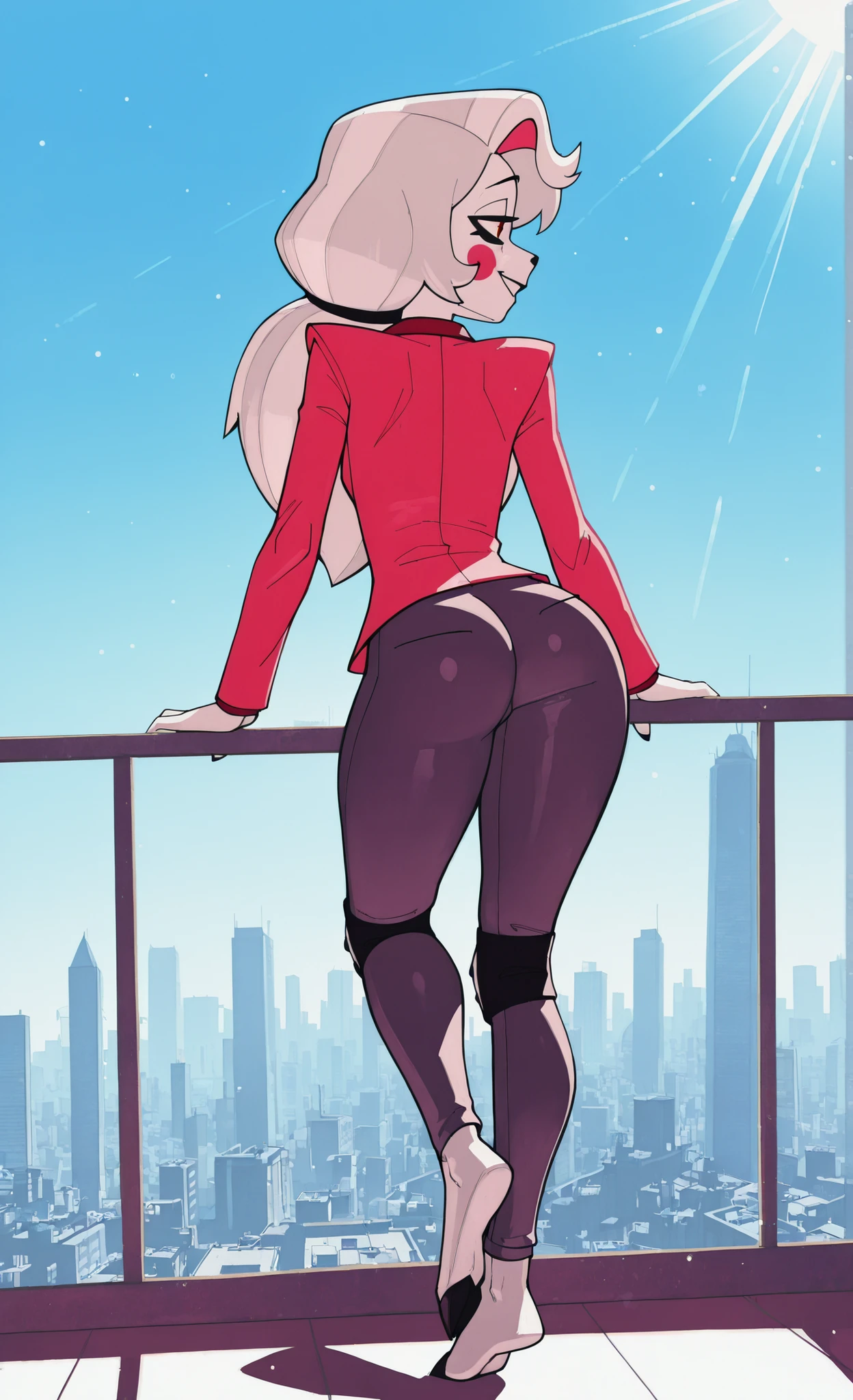 (charlie morning star )), ((pixelsketcher)), ((wamu drawings)), ((masterpiece)), ((High resolution)), ((Portrait only)), ((Vista posterior)), {(attractive figure), (thick thighs), (beautiful legs), (feet with dark hooves), (), (gray hair), (dark nose), , (charming smile)}, {( red uniform), (tight blue pants), (knee pads), (Coders)}, {(standing), (leaning on the railing), (knee up), (looking at the landscape)}, ((city)), (( skyscraper)), ((blue sky)), (( Sun rays)) She is against the corner showing her buttocks in a pose 