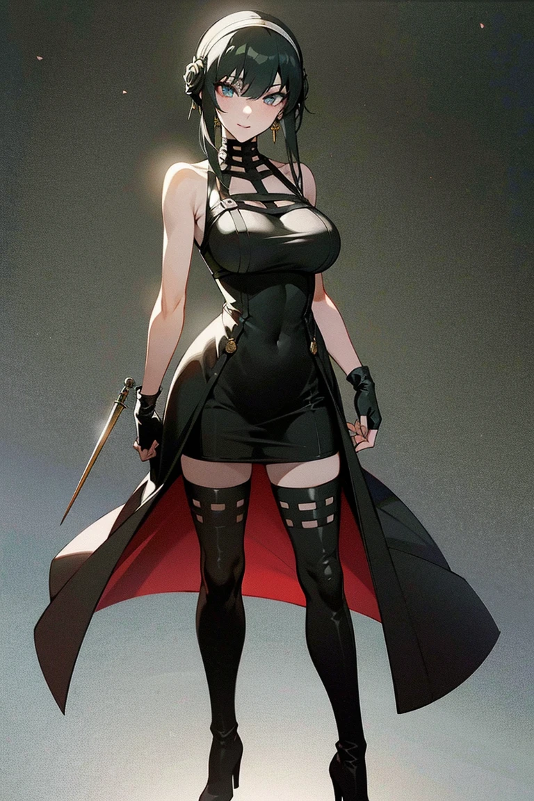 (mature woman, butcher), (fancy appearance, simple clothing:1.2), blonde pixie with a long ponytail, ((black suit, large black leather apron, red high heels wielding a meat cleaver)), (standing tall in with a stern look), (((white background)))