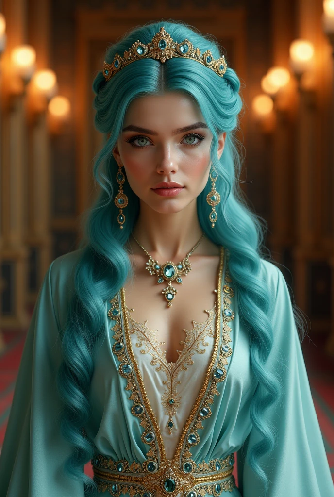 a beautiful woman with long flowing blue hair, extremely detailed face, beautiful detailed eyes, beautiful detailed lips, flawless skin, intricate hairstyle, regal crown, ornate jewelry, lush velvet gown, confident expression, serene pose, dramatic lighting, cinematic framing, masterpiece, photorealistic, (best quality,4k,8k,highres,masterpiece:1.2),ultra-detailed,(realistic,photorealistic,photo-realistic:1.37),cinematic,dramatic lighting,highly detailed