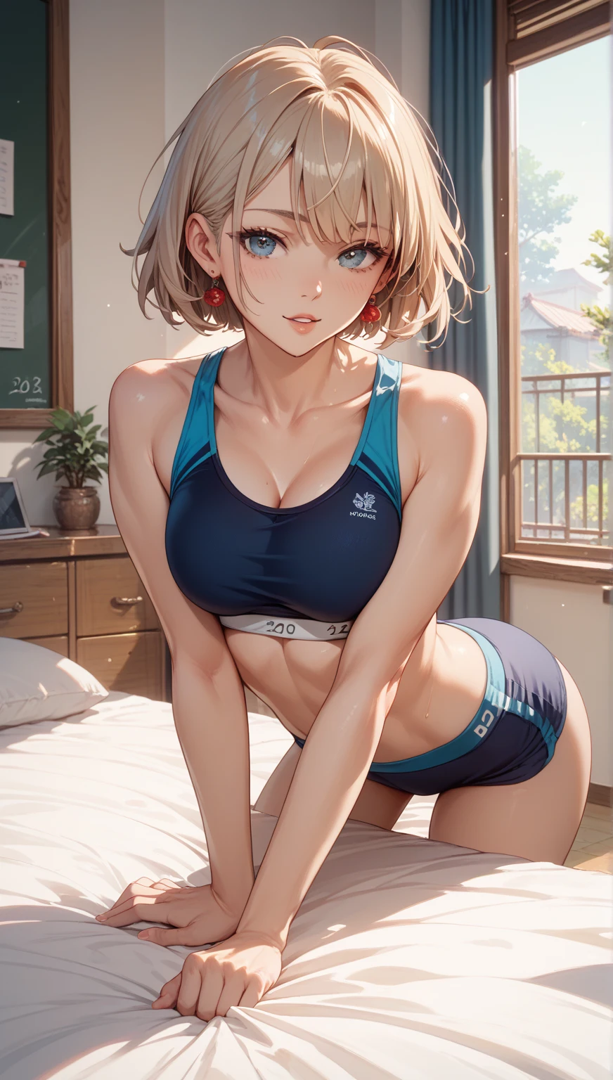masterpiece, best quality, ultra detailed, ultra high resolution, very detailed face, solo, ((anime)), 20 years old girl, (((sports bra, pantie))), ((golden short hair)), (((medium breast))), (six pack abs:1.2), (((put hands around the navel))), ((little smile)), (((lying on the bed))), indoor