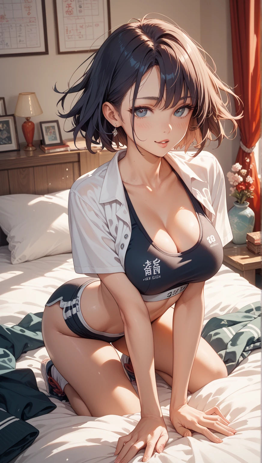 Attractive breasts、Beautiful and attractive anime woman, Enchanting anime girl, Top rated on pixiv、Short Bob、Healthy Body、OK、White see-through underwear、Yakuza、tattoo、I can see your underwear、Shaving、Slippery、big round earrings、Navel piercing、Black Hair、Iris、Tied by a collar、beautiful girl、、Provocative、Attractive ass、I can see her ass、Underwear is biting into