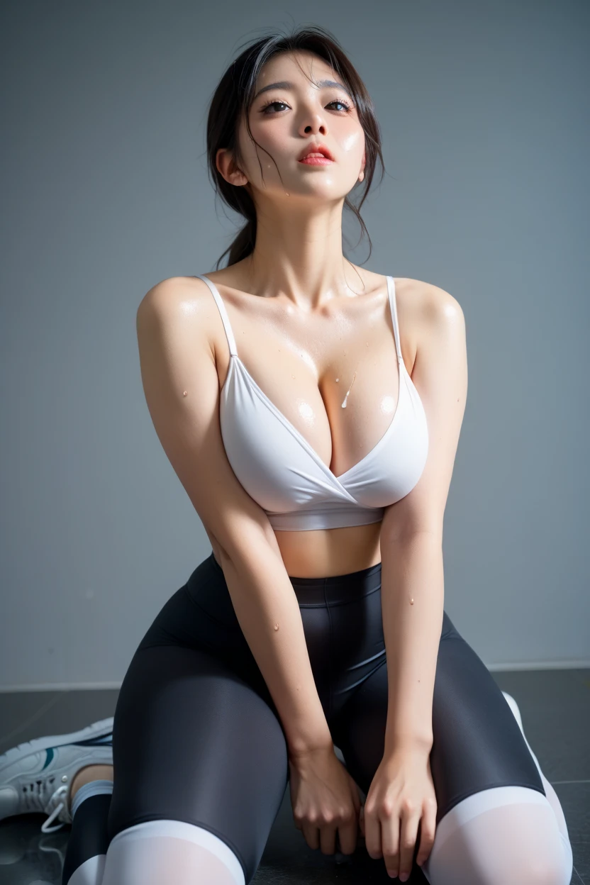 （From the outside） ， many color，Best quality at best，8K，real photograph，Delicate skin details，tmasterpiece，photograph of-realistic，Complicated details，RAW photogr,In the gym，ssmile，Tied ponytail，Sweat soaks clothes，sockes,Extra-long hair，delicated face，decorations，Perfect Finger，Dissection is correct，(Huge room，0.8)，big cuvy hips，Shooting from front