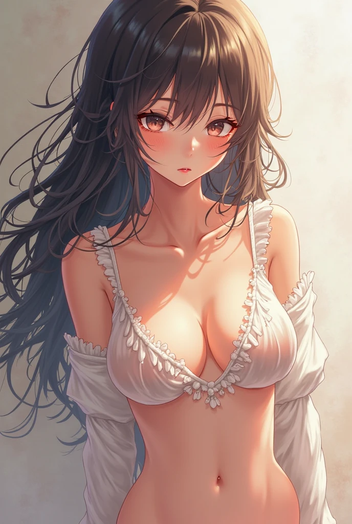A white girl black straight hair blue eyes and red lips. With a transparent white top, big breast and nipples and a small white skirt. Anime style